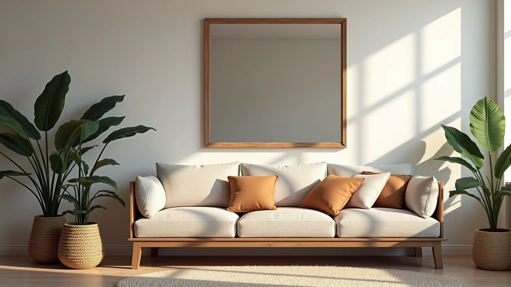 Sala aconchegante com decoração simples, espelho grande e iluminação clara.