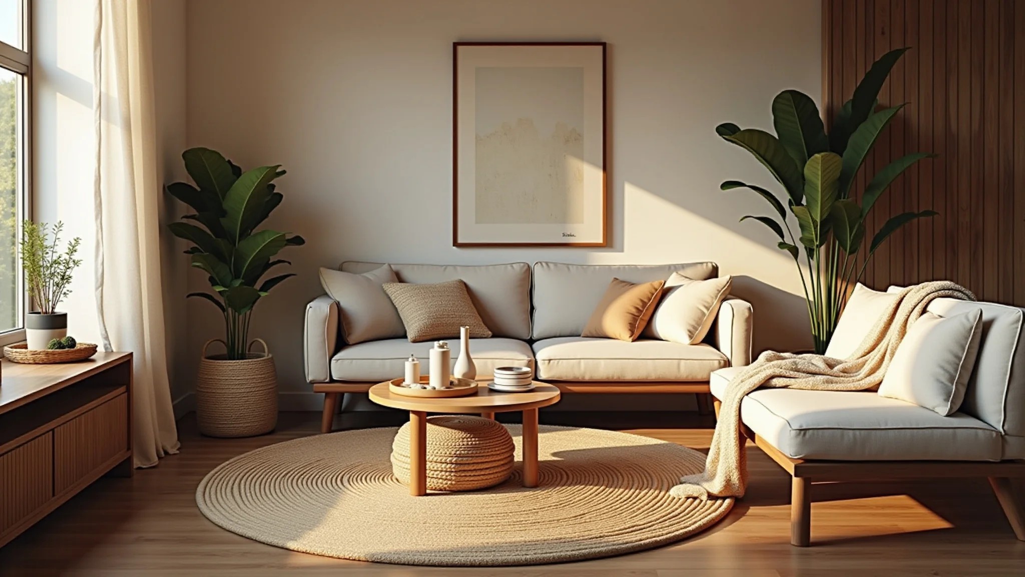 Sala de estar aconchegante com tapete redondo de sisal, decoração natural e rústica.
