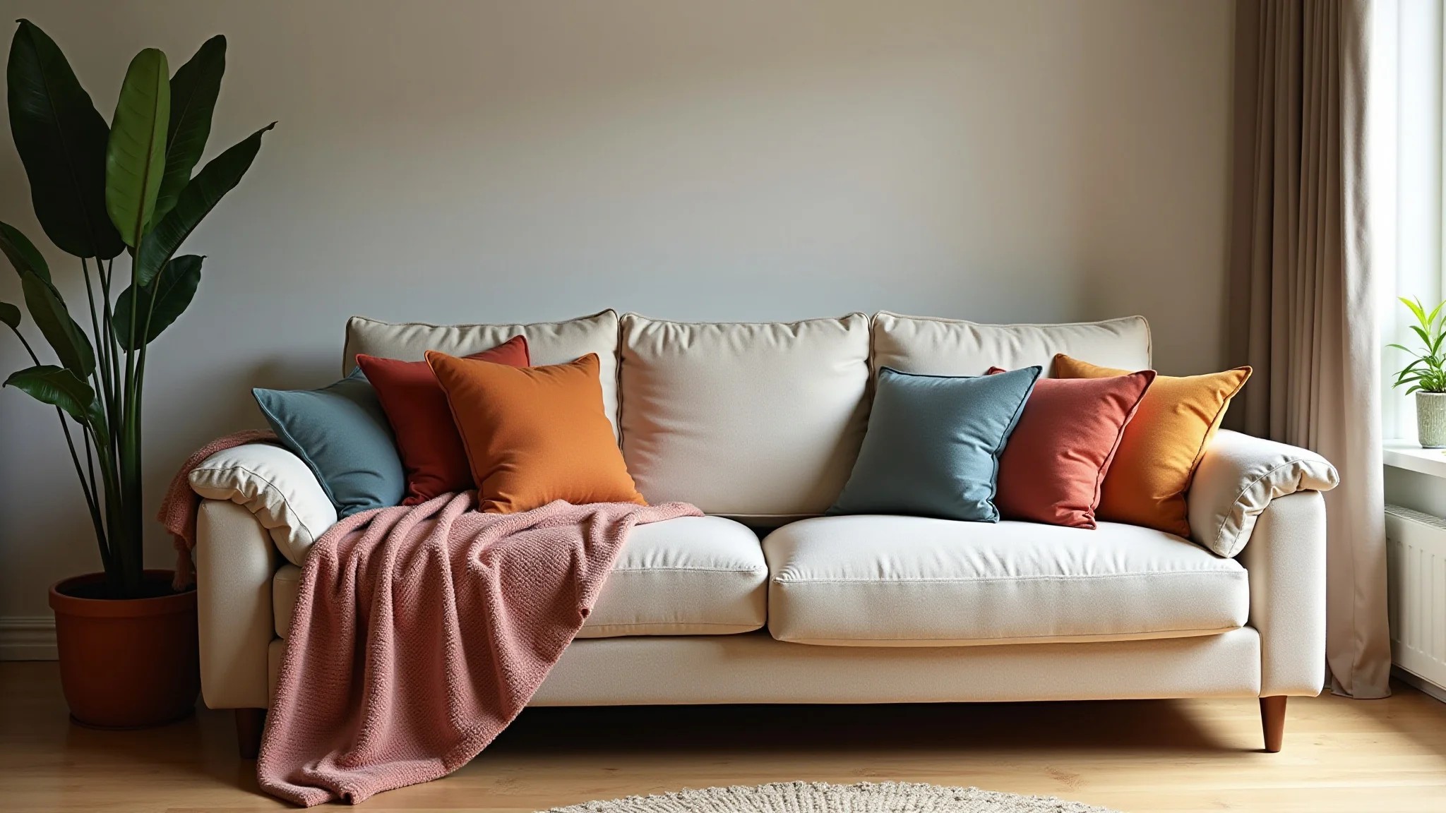 Sala aconchegante com sofá com espaço de armazenamento e almofadas coloridas.