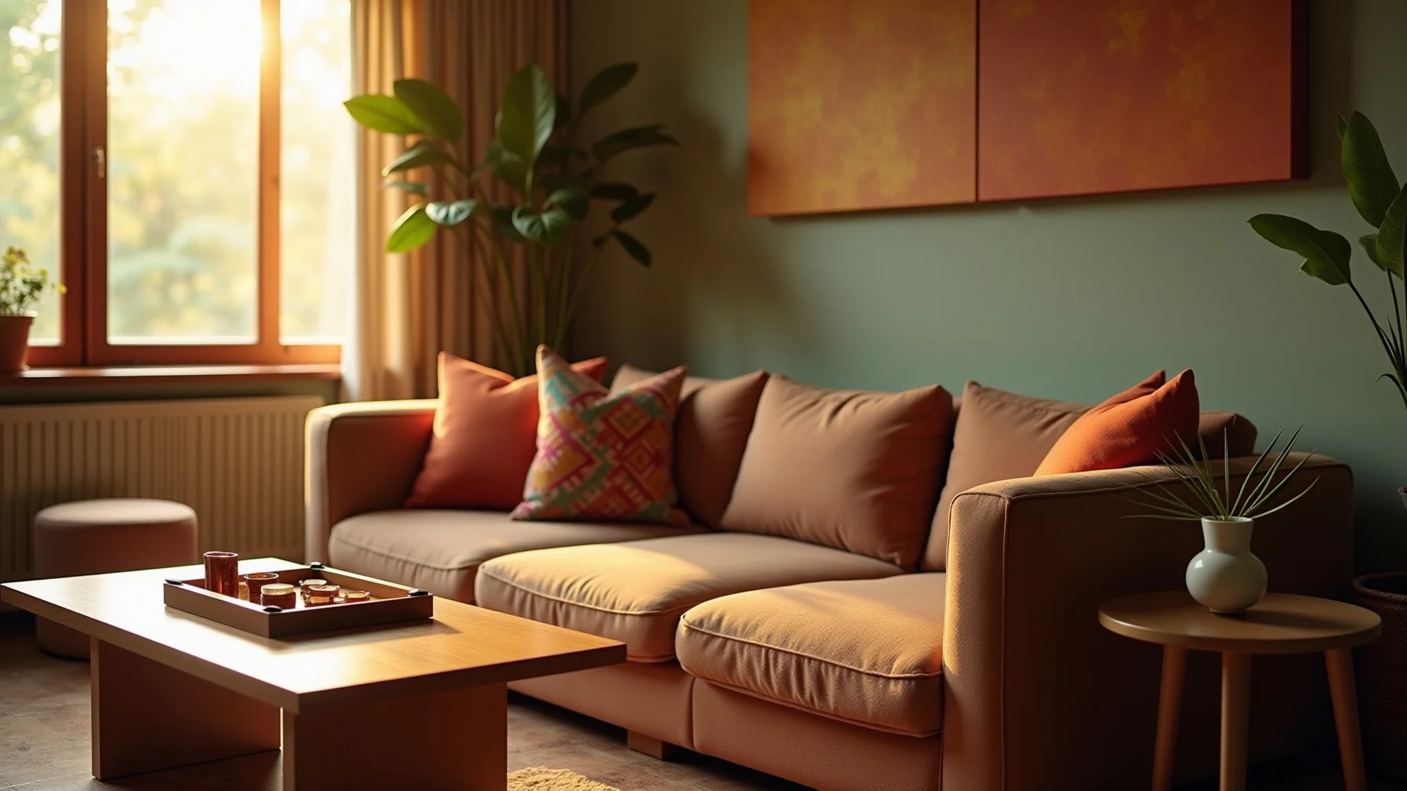 Sala aconchegante com abajur, iluminação suave, decoração brasileira.