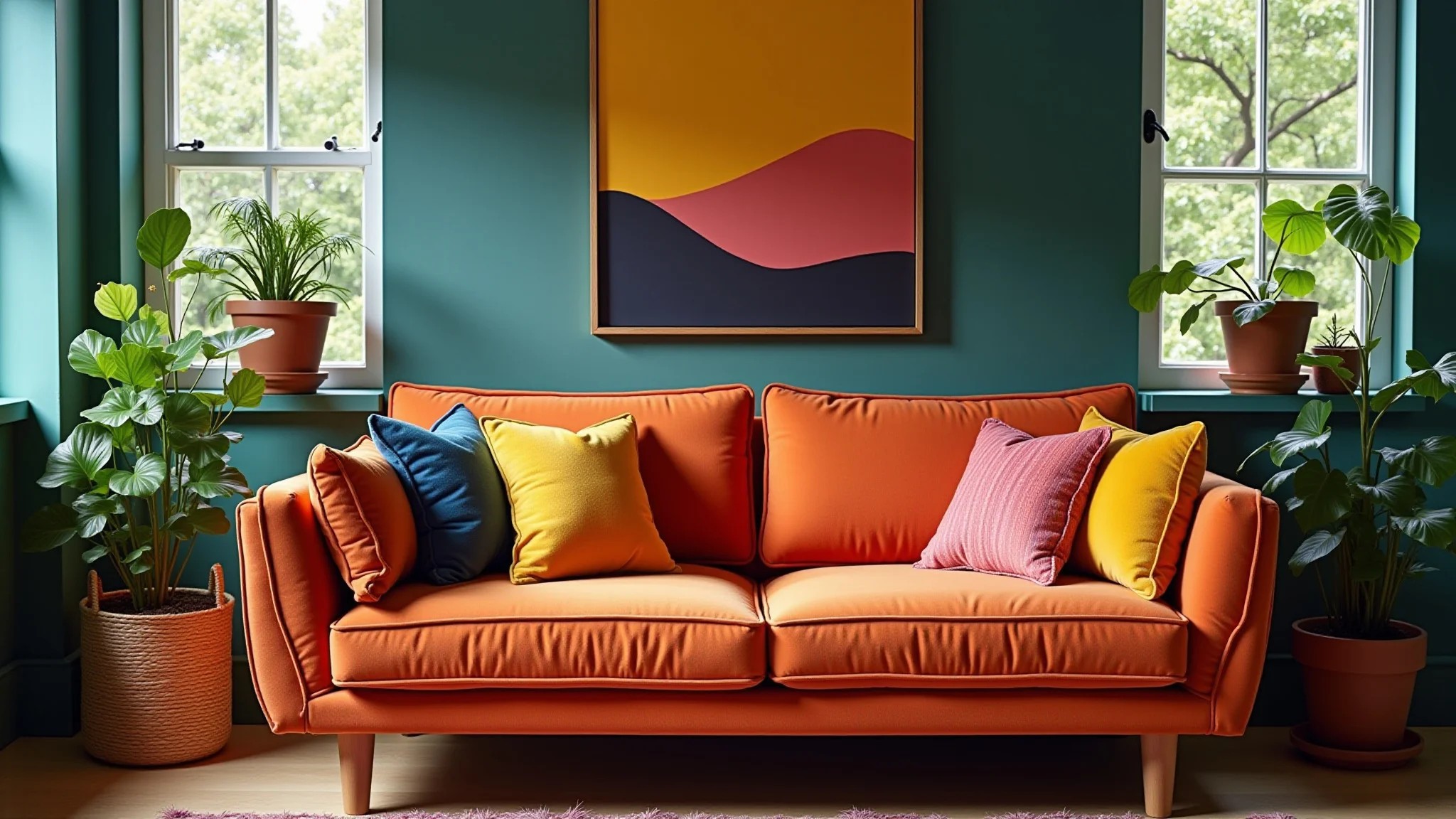 Sala de estar aconchegante com sofá de veludo colorido, design brasileiro e iluminação natural.
