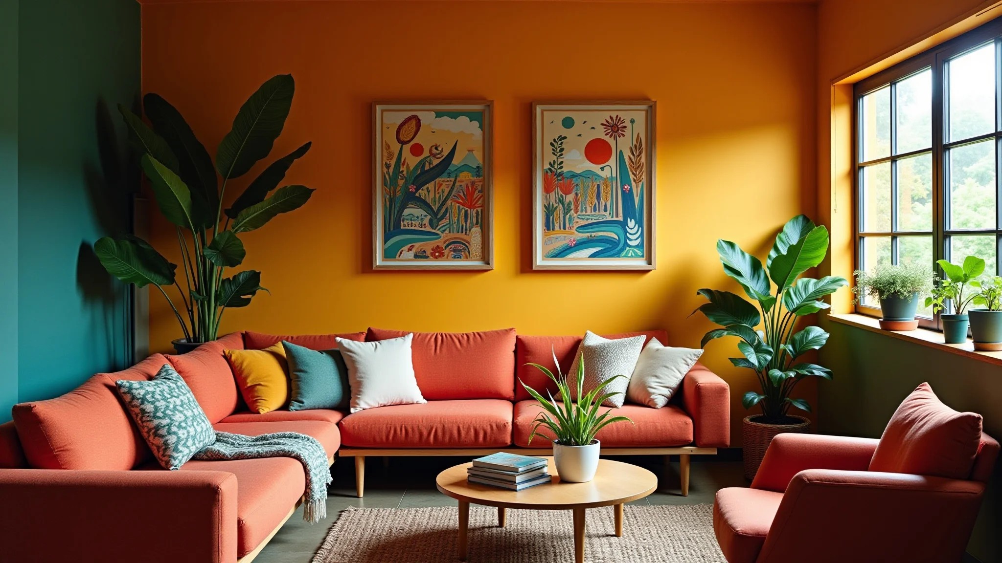 Sala de estar aconchegante com decoração de parede colorida e vibrante em estilo brasileiro.
