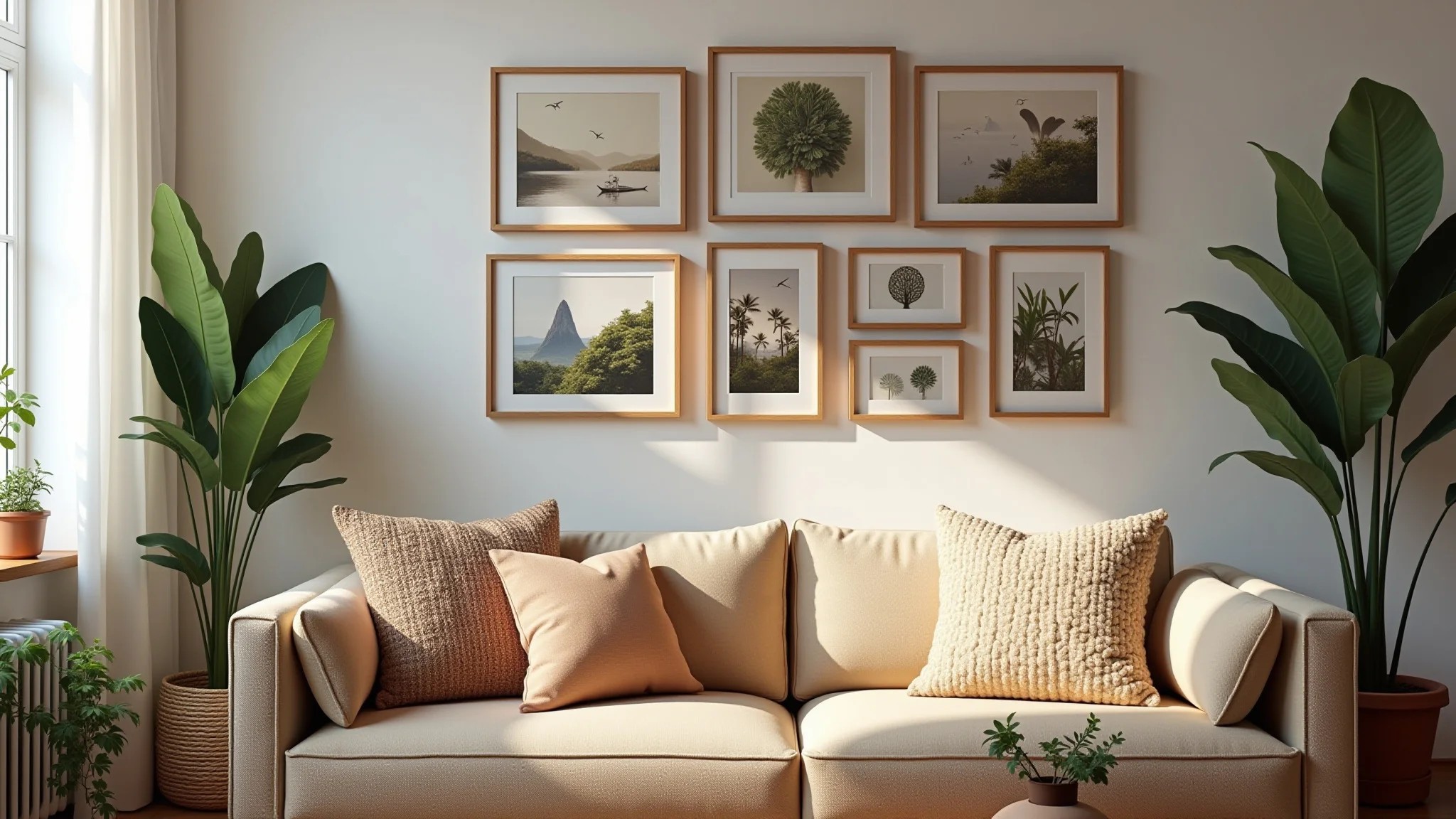 Sala aconchegante com galeria de fotos emolduradas, decoração brasileira e luz natural.