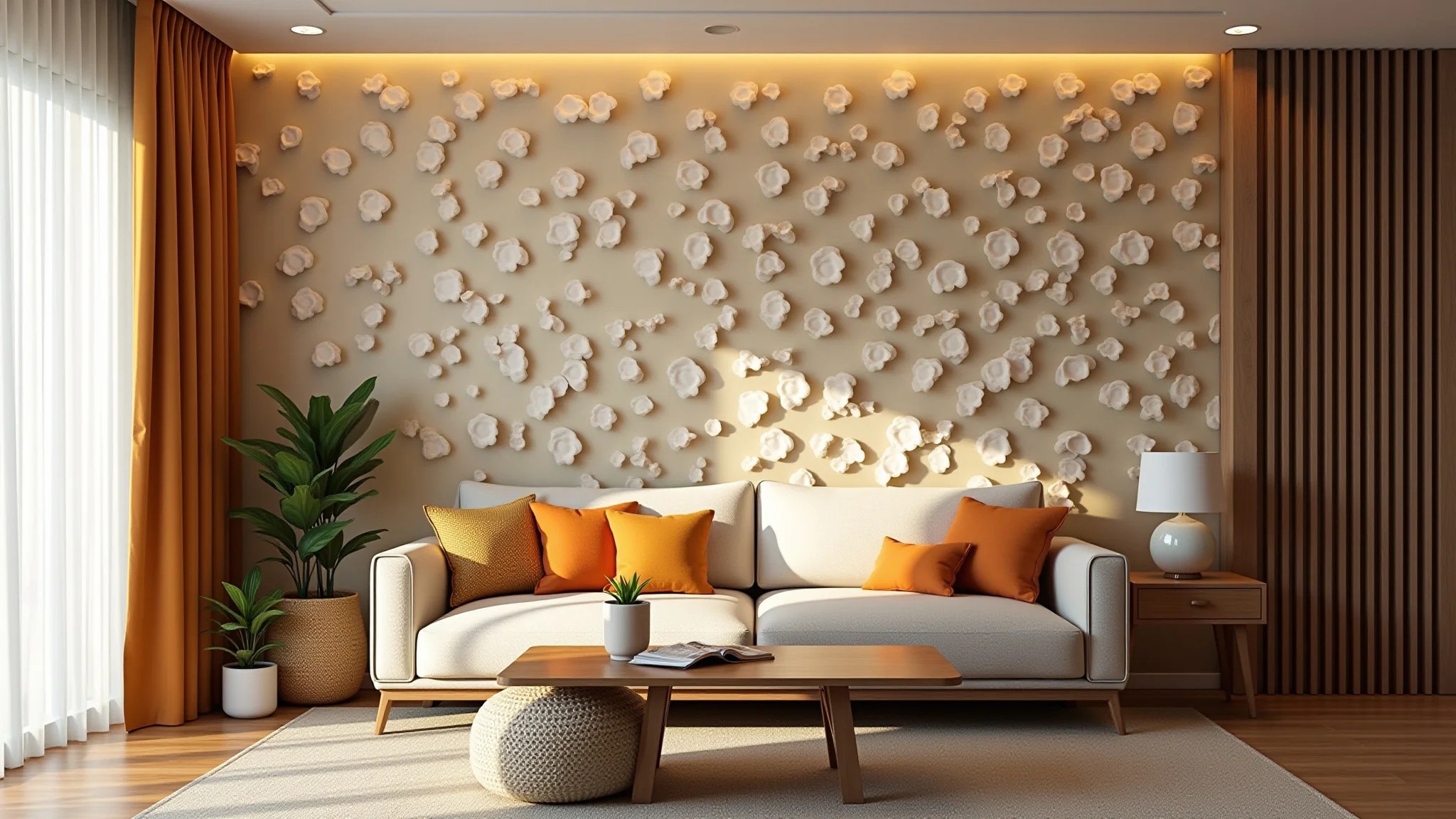 Sala aconchegante com papel de parede 3D floral e iluminação suave.