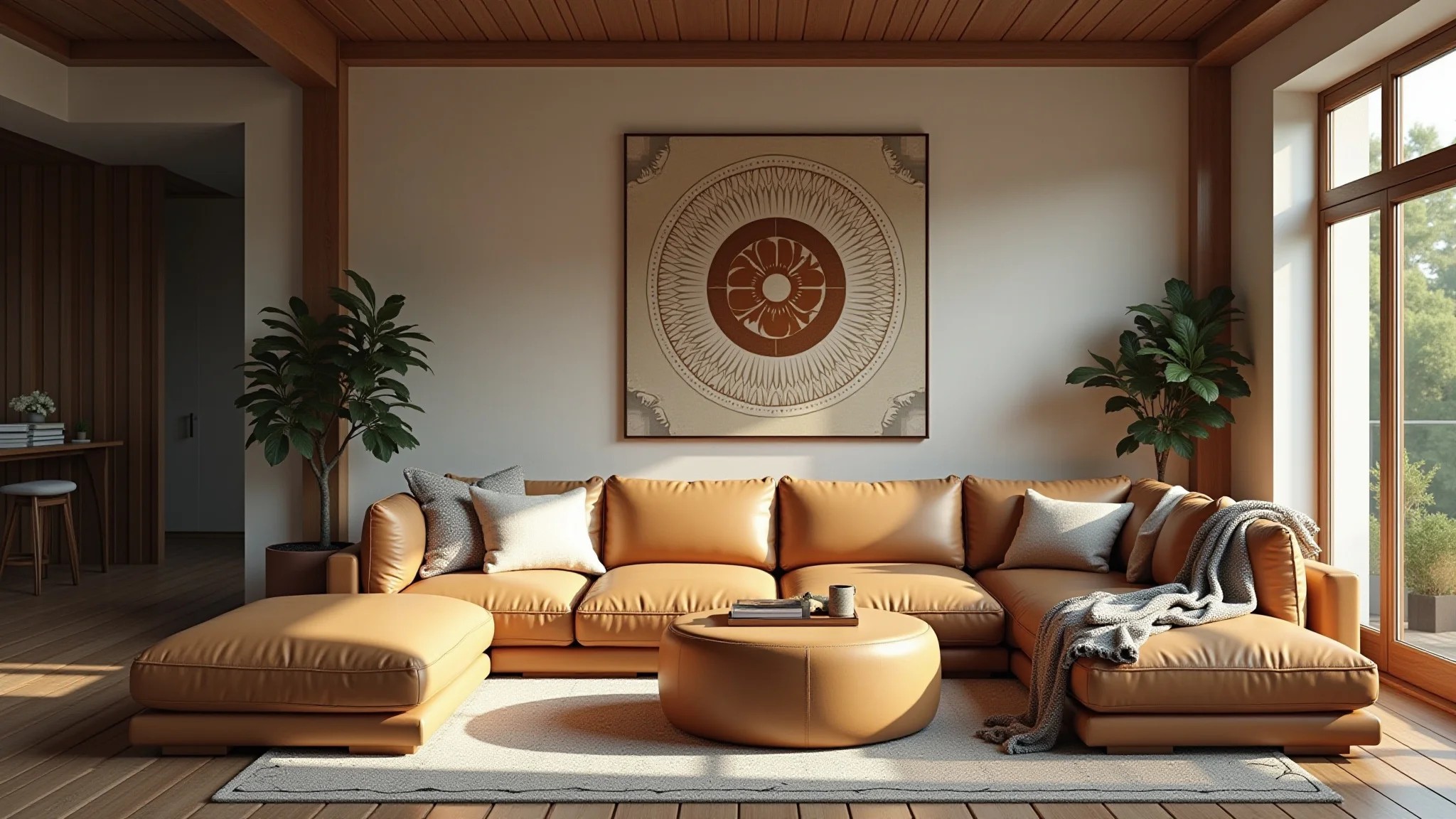 Sala aconchegante com sofá de couro bege, móveis de madeira e arte brasileira.