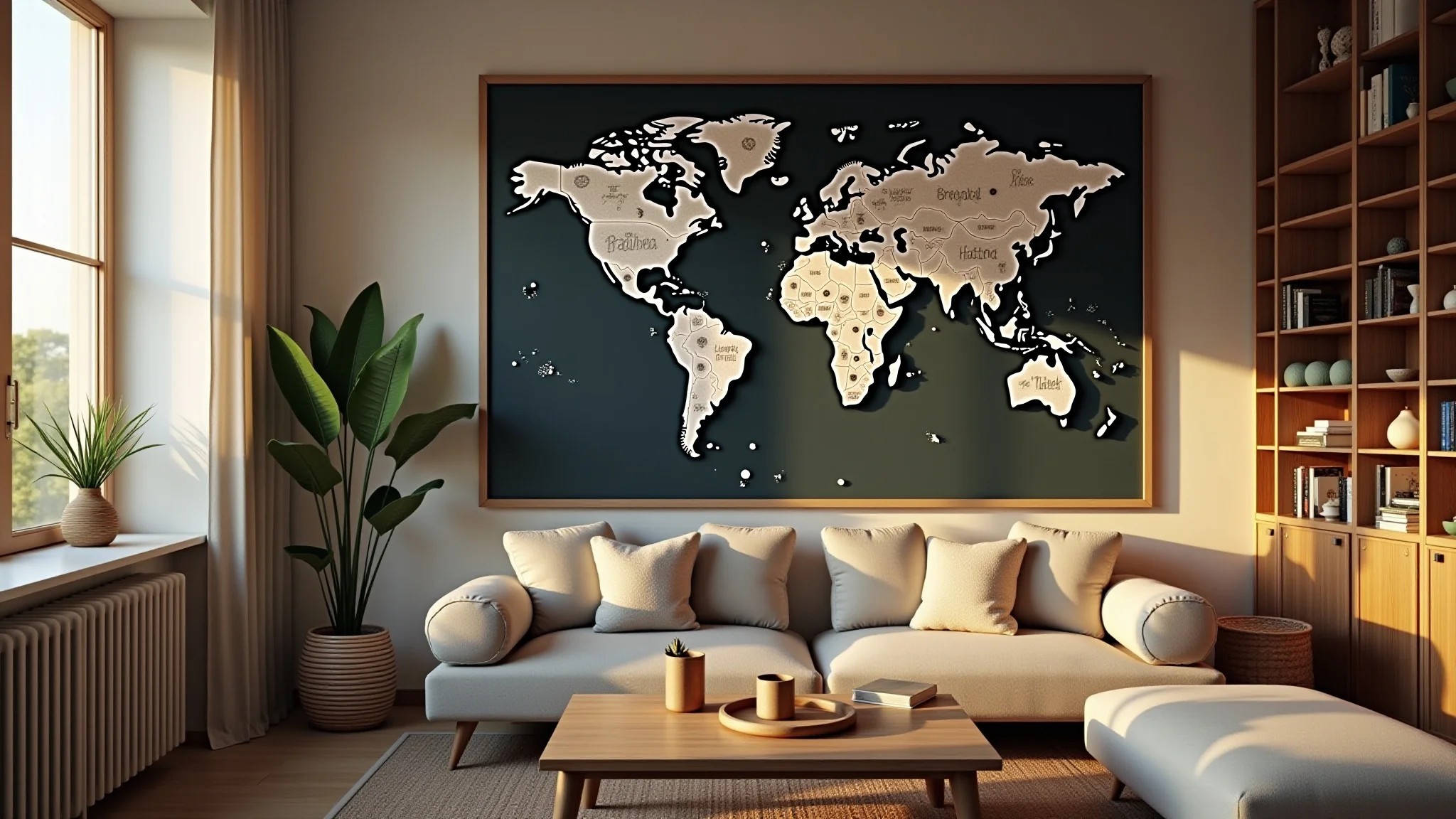 Sala aconchegante com parede lousa e mapa mundi desenhado à mão.