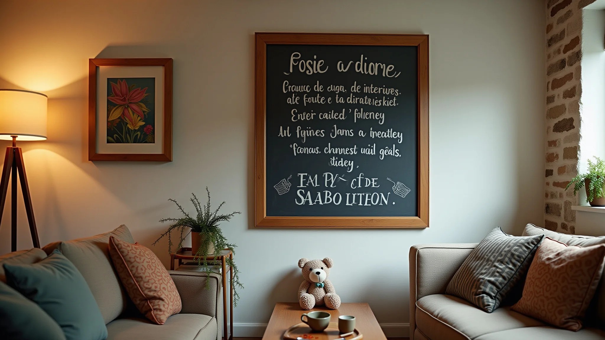 Sala aconchegante com parede lousa exibindo um quadro de mensagens familiar.