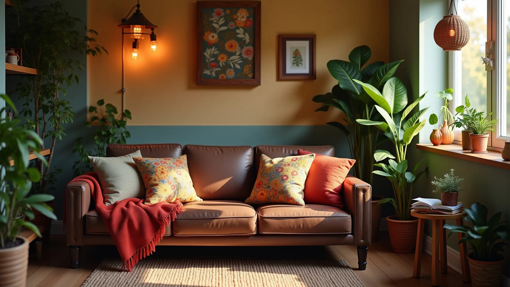 Sala aconchegante com sofá de couro marrom escuro, plantas, almofadas coloridas e artesanato brasileiro.