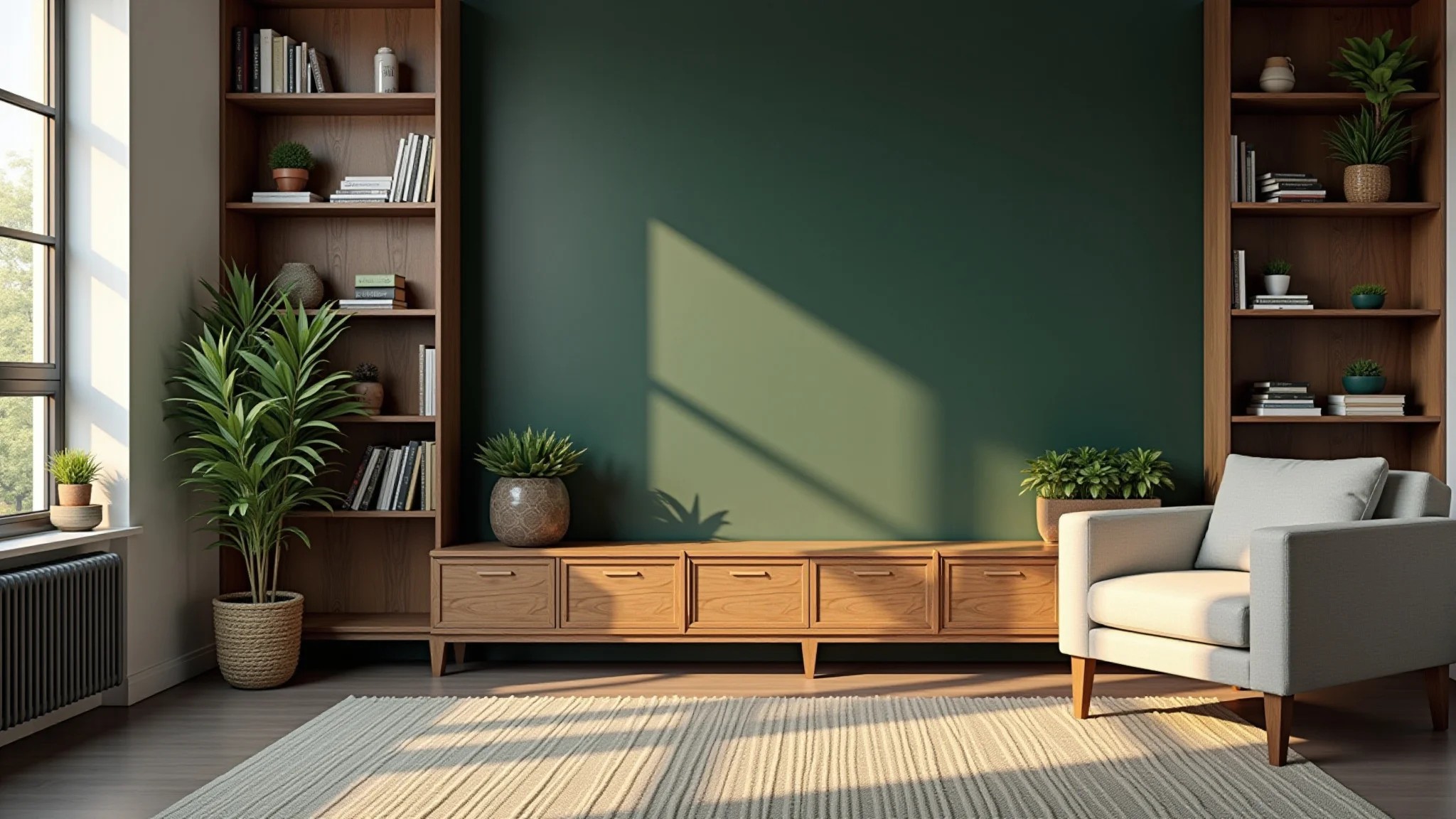 Aconchegante sala com parede verde escura, estantes de madeira e poltrona confortável.