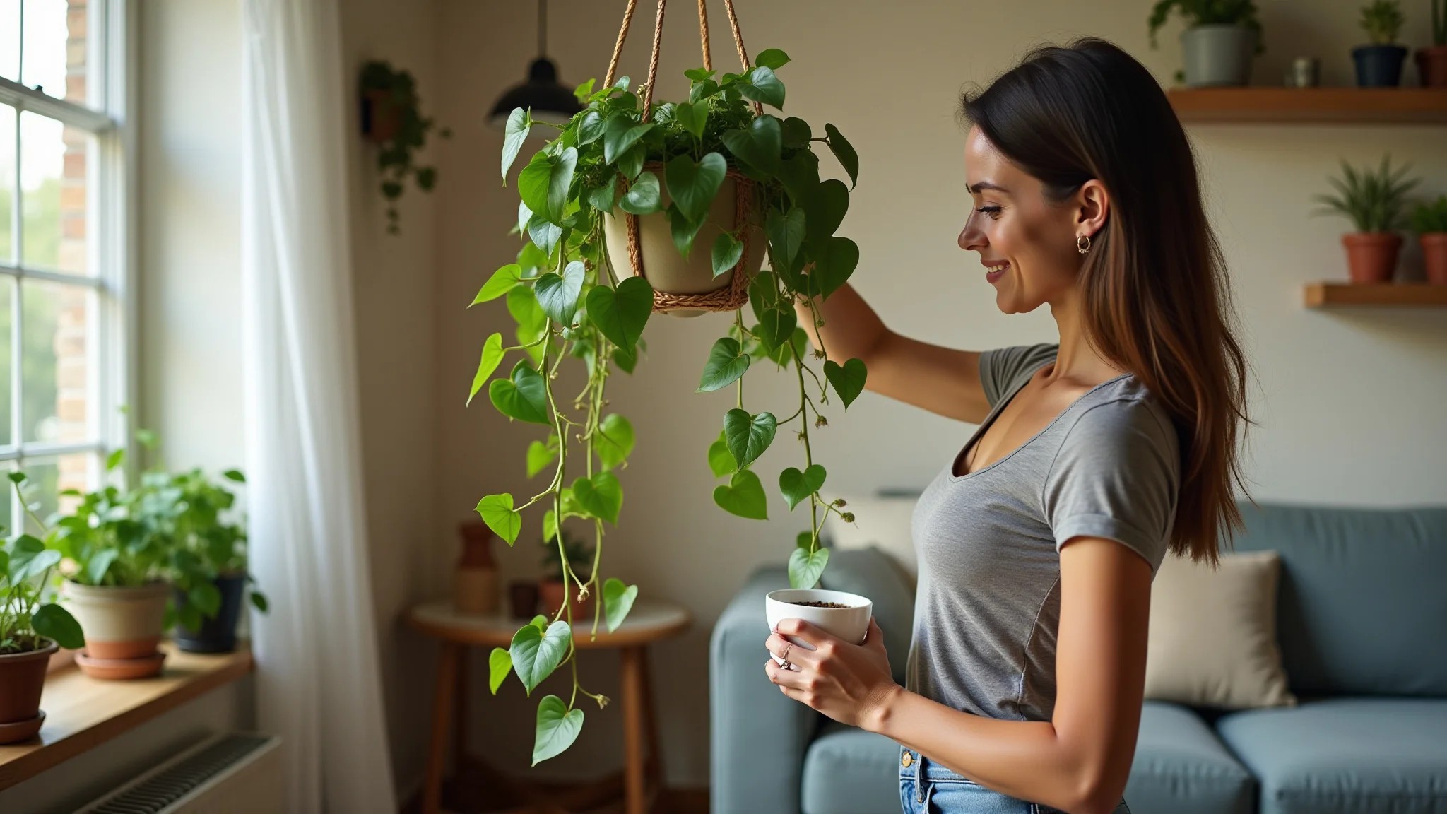 Mulher regando Jiboia em vaso suspenso na sala, estilo Farm Rio.