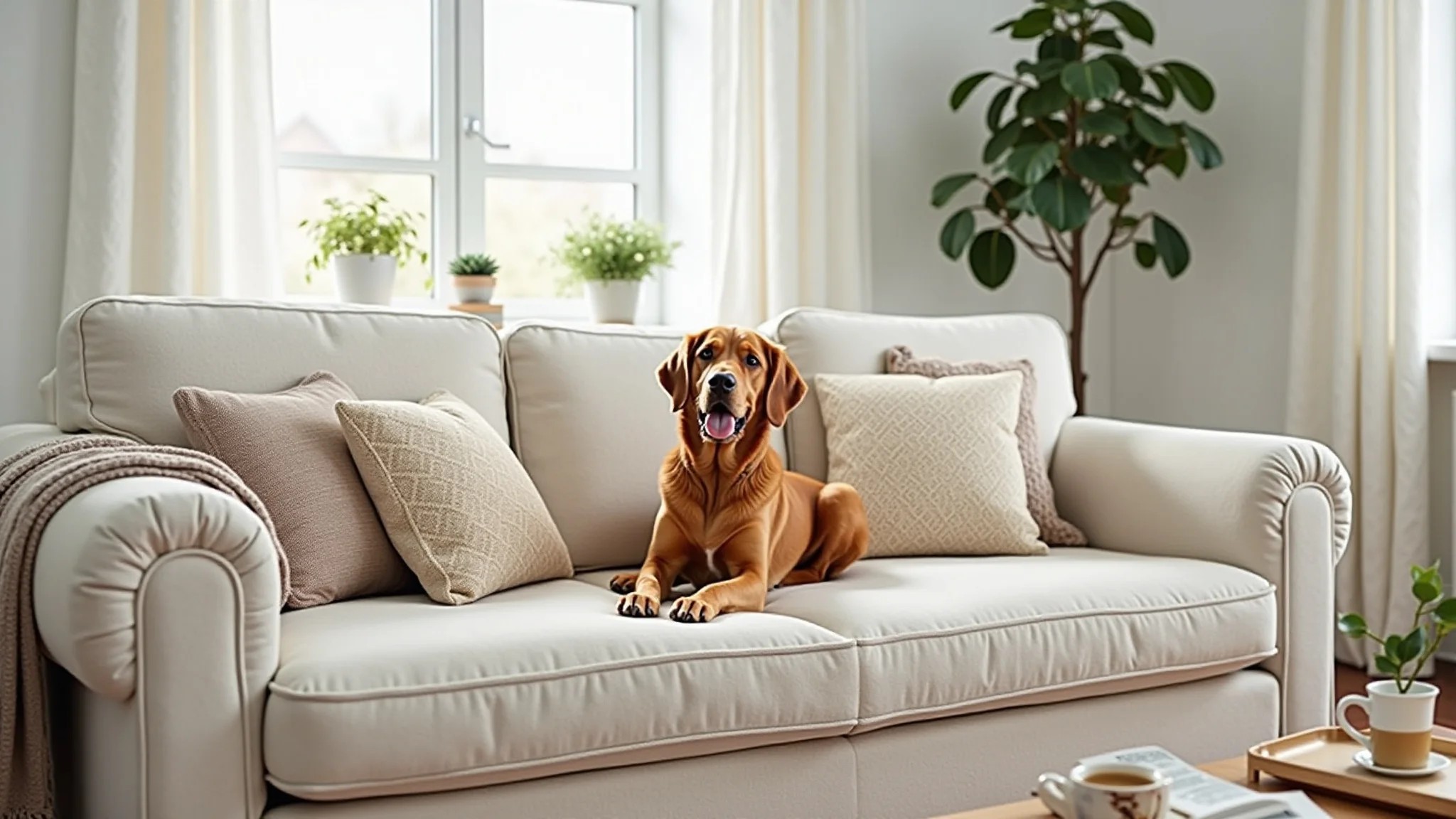 Sala de estar aconchegante com sofá de linho e capas protetoras para animais de estimação.