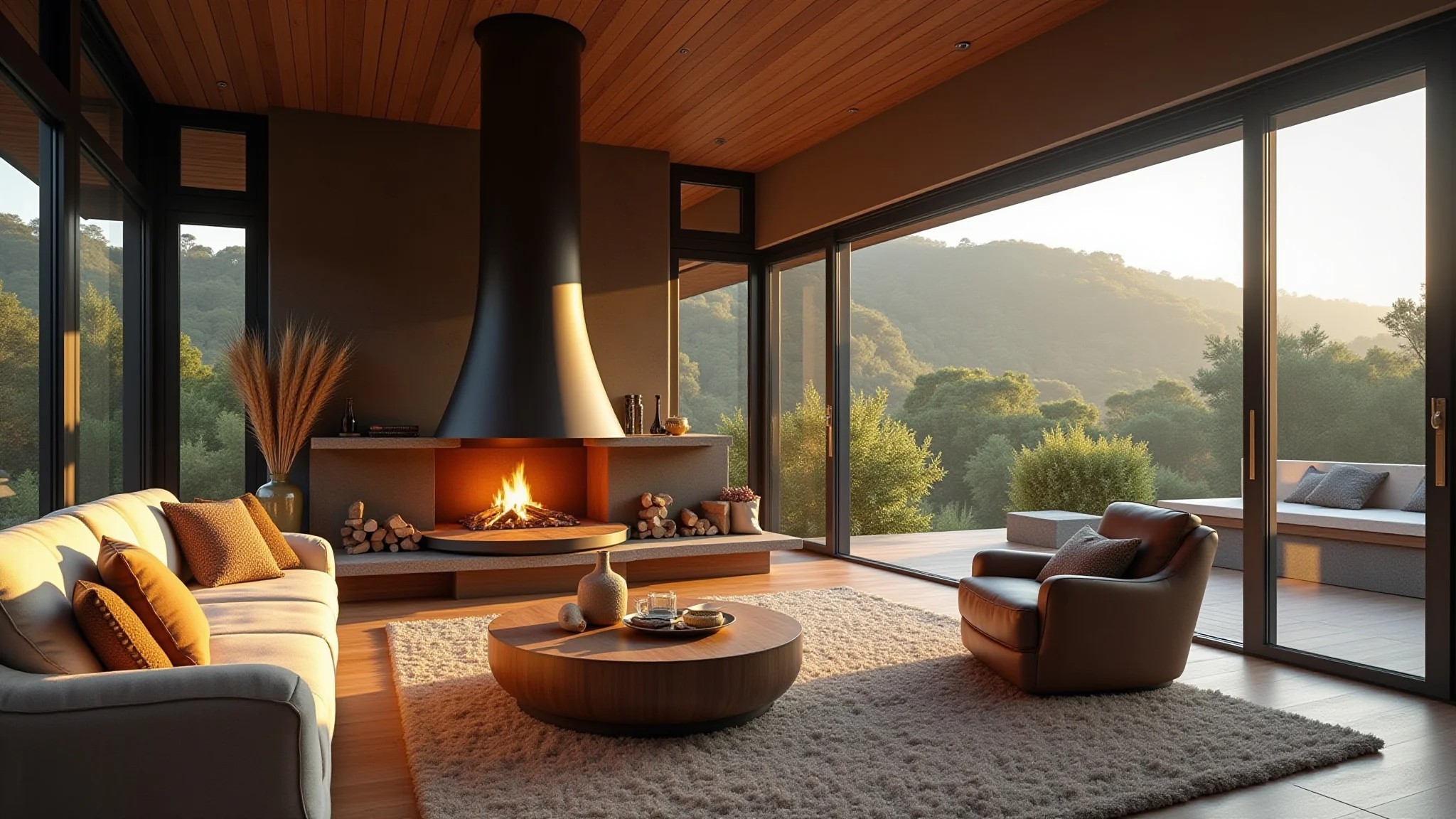 Sala de estar aconchegante com lareira moderna, design brasileiro e iluminação natural quente.