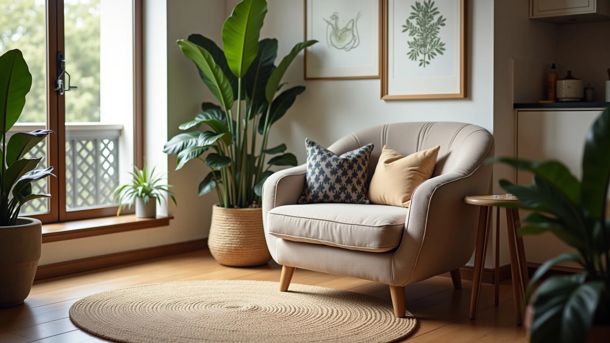 Sala de estar aconchegante com poltrona estilosa, design brasileiro e iluminação natural.