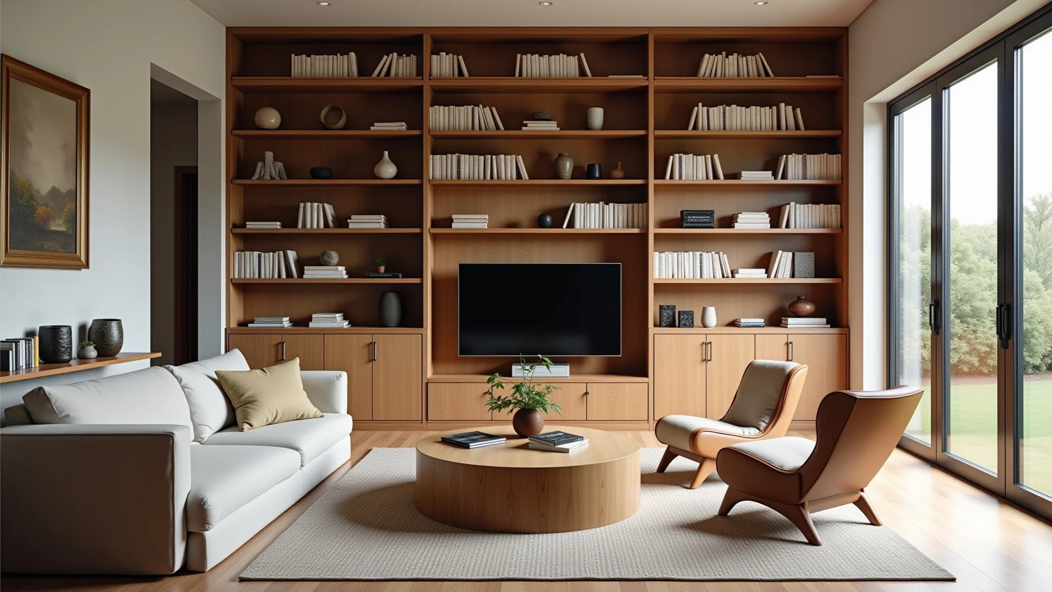 Sala aconchegante com estante de madeira sob medida cheia de livros e objetos decorativos.
