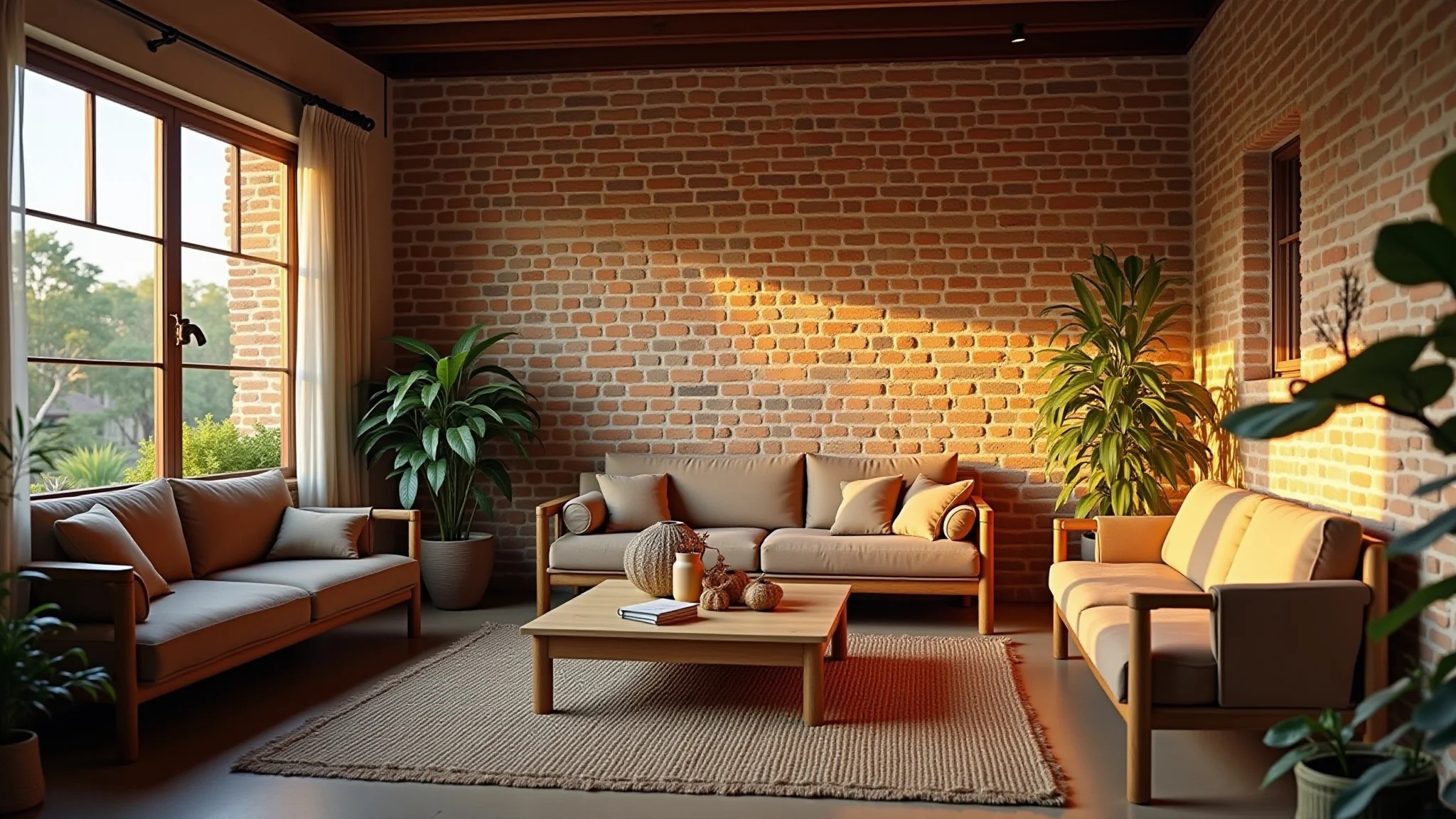 Sala aconchegante com parede de tijolinho aparente, design brasileiro e iluminação natural.