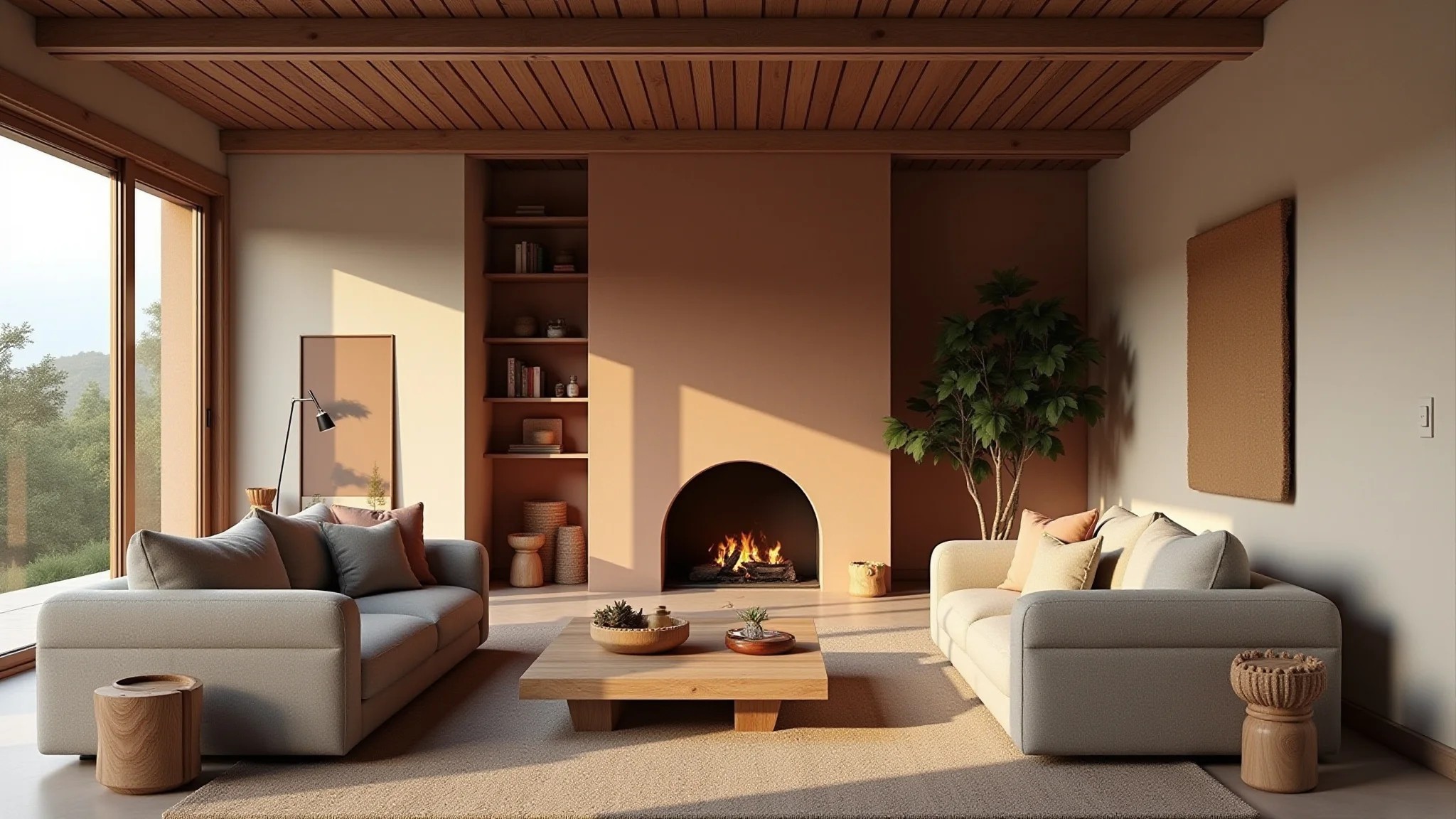 Sala aconchegante com tons de cinza e terracota, materiais naturais e iluminação quente.
