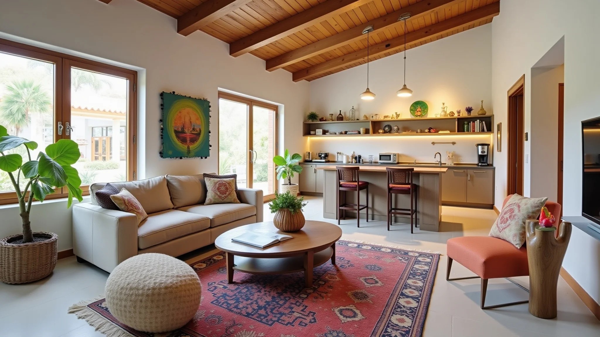 Sala e cozinha americana com balcão, iluminação pendente e decoração brasileira colorida.