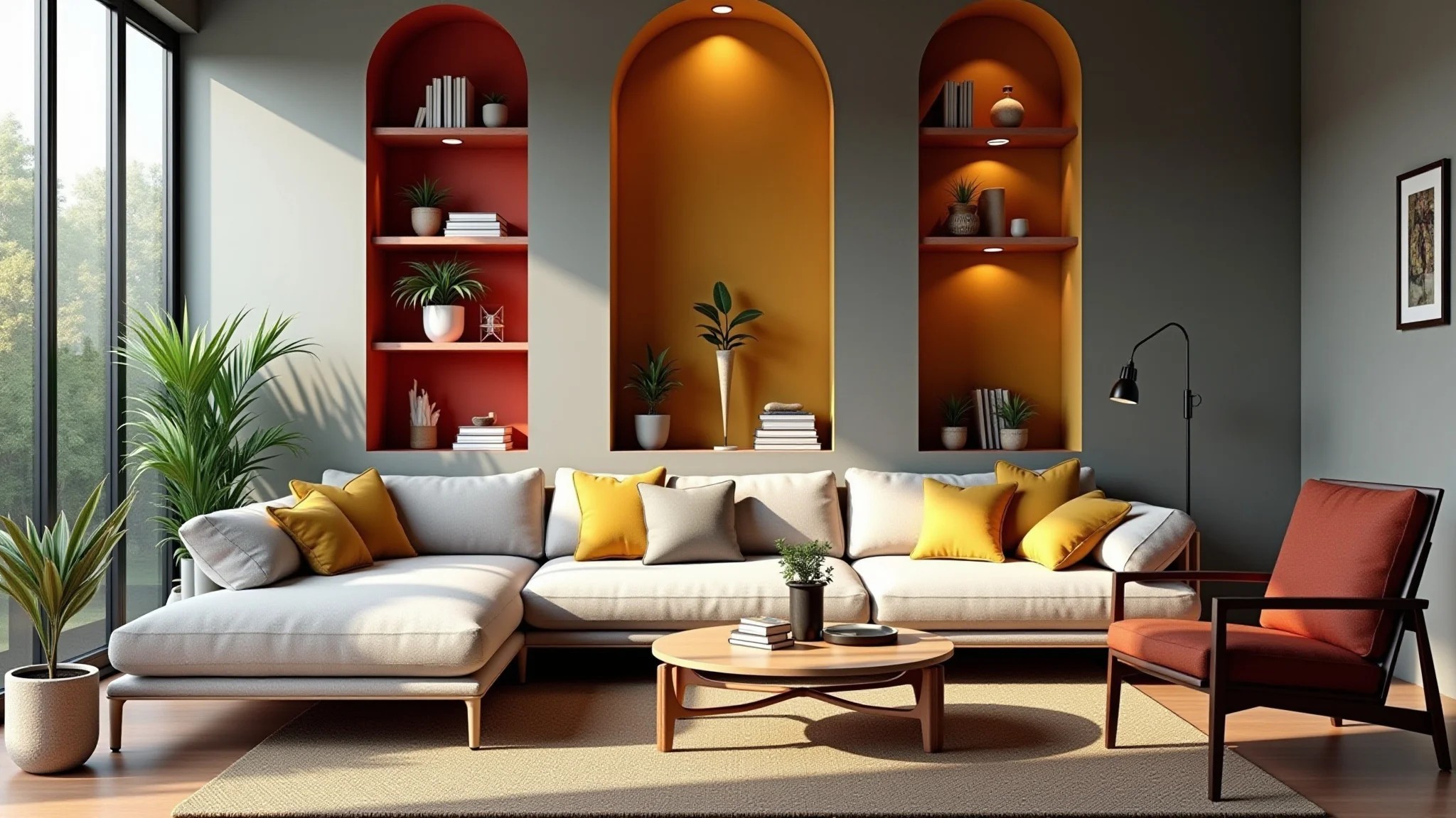 Sala de estar aconchegante com nichos coloridos exibindo livros, plantas e arte.