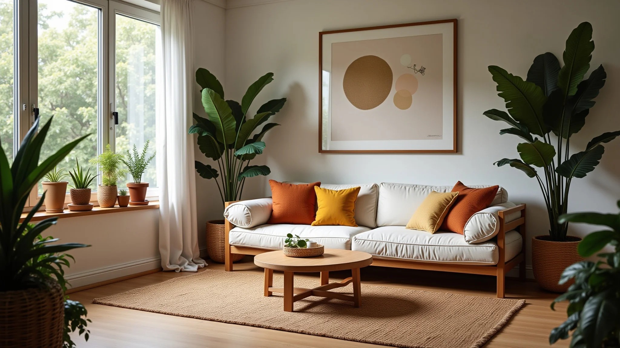 Sala aconchegante com quadro de visão, decoração brasileira e luz natural.