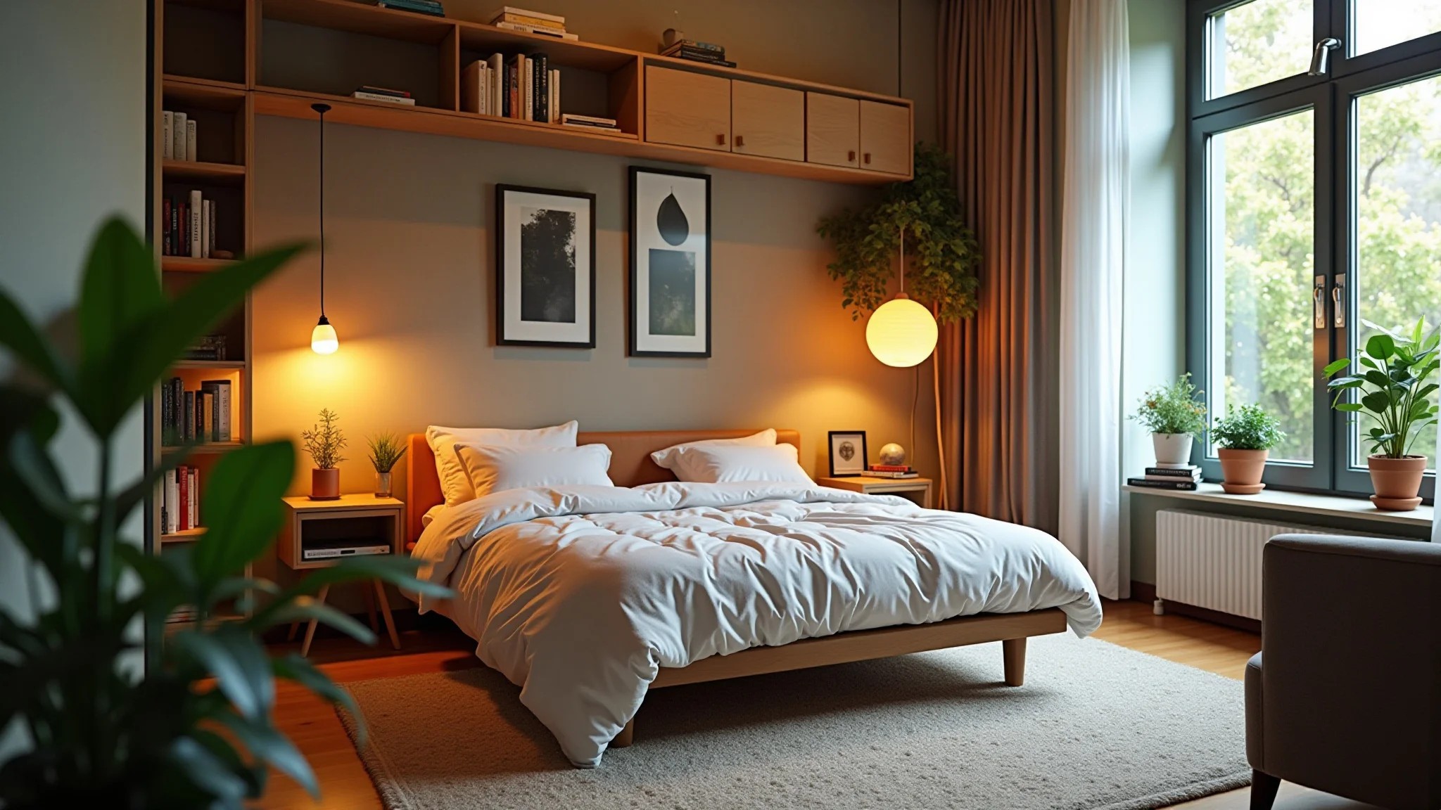 Microapartamento aconchegante com sofá-cama aberto, livros e plantas.