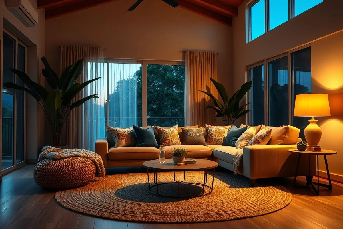 Sala minimalista aconchegante à noite com iluminação suave
