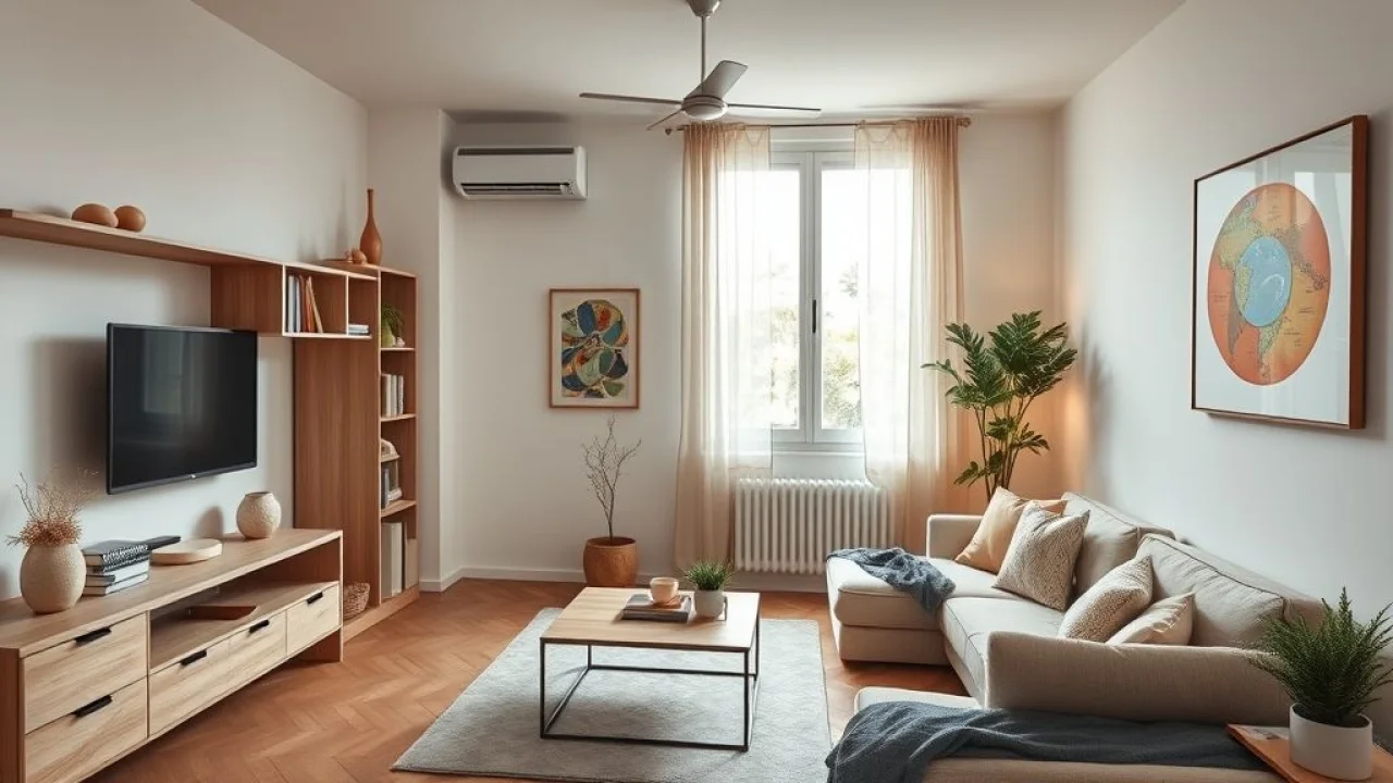 Sala minimalista e aconchegante em apartamento pequeno no Brasil.