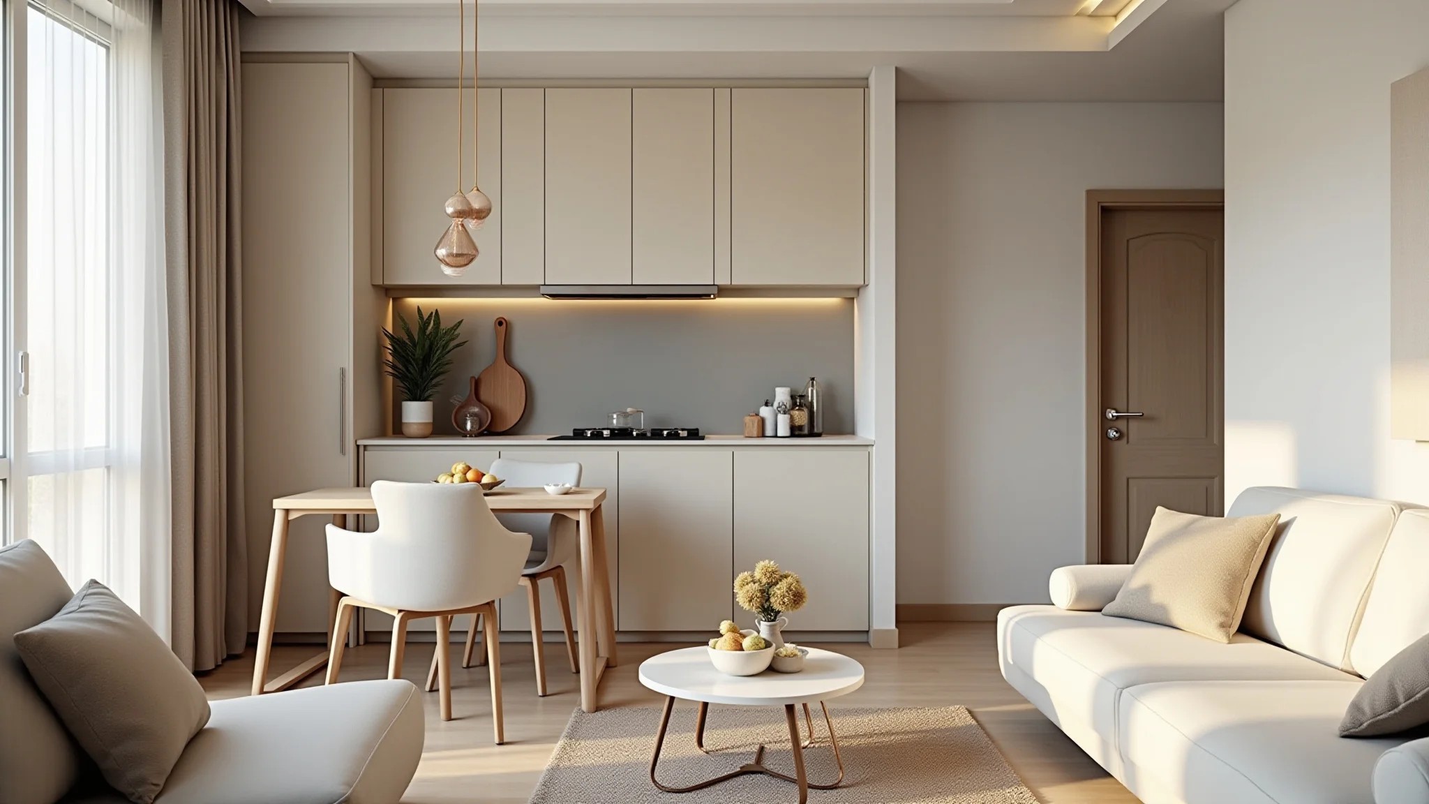 Sala pequena minimalista e aconchegante com cores claras e integração de ambientes.