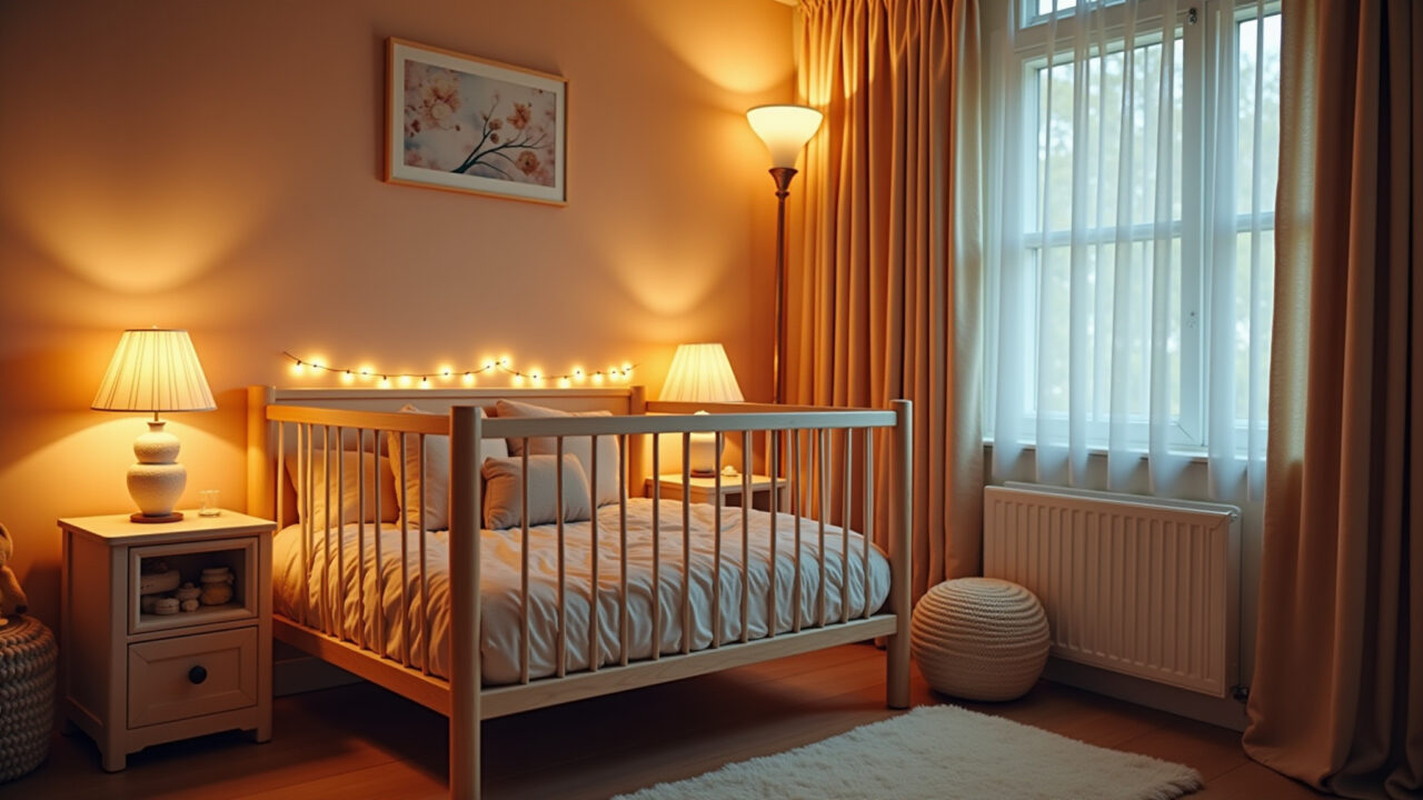 Quarto de bebê aconchegante com iluminação suave e quente.