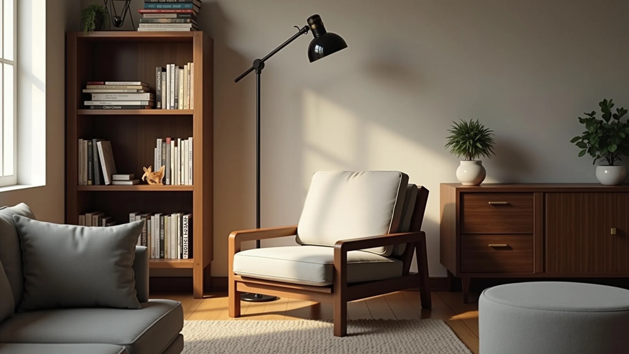 Cantinho de leitura aconchegante na sala, poltrona, luminária e estante.