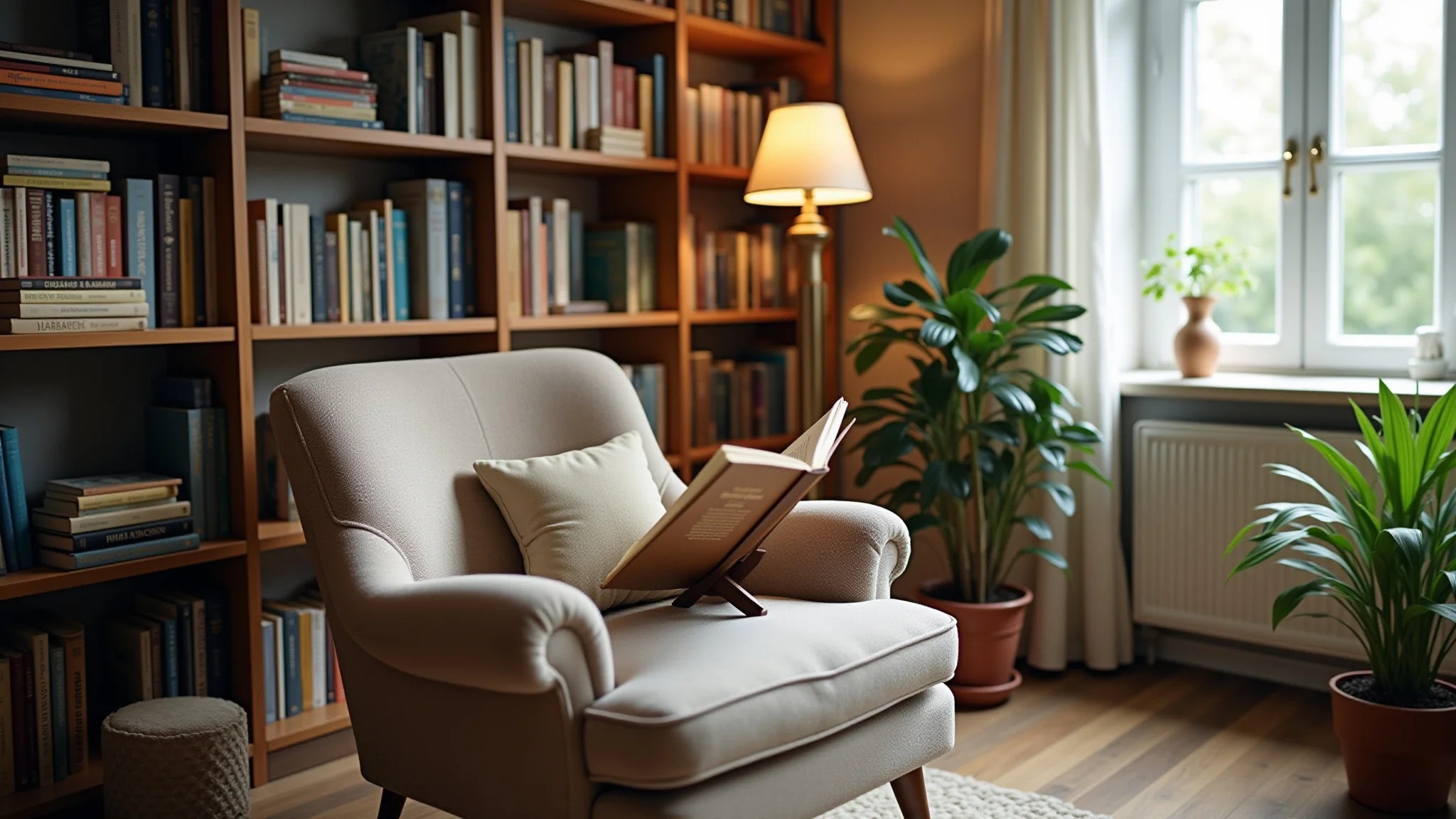 Cantinho de leitura aconchegante na sala com poltrona confortável e luminária.