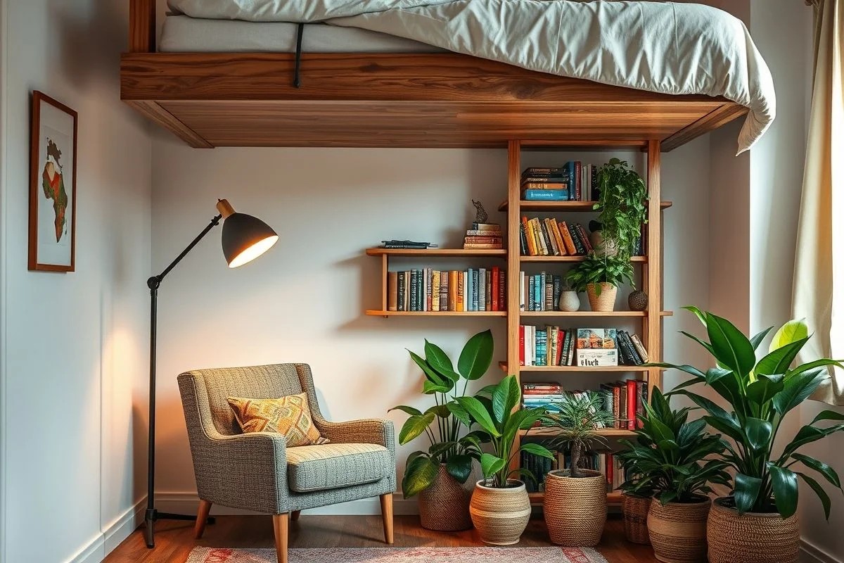 Cantinho de leitura aconchegante sob cama suspensa com poltrona e luminária.