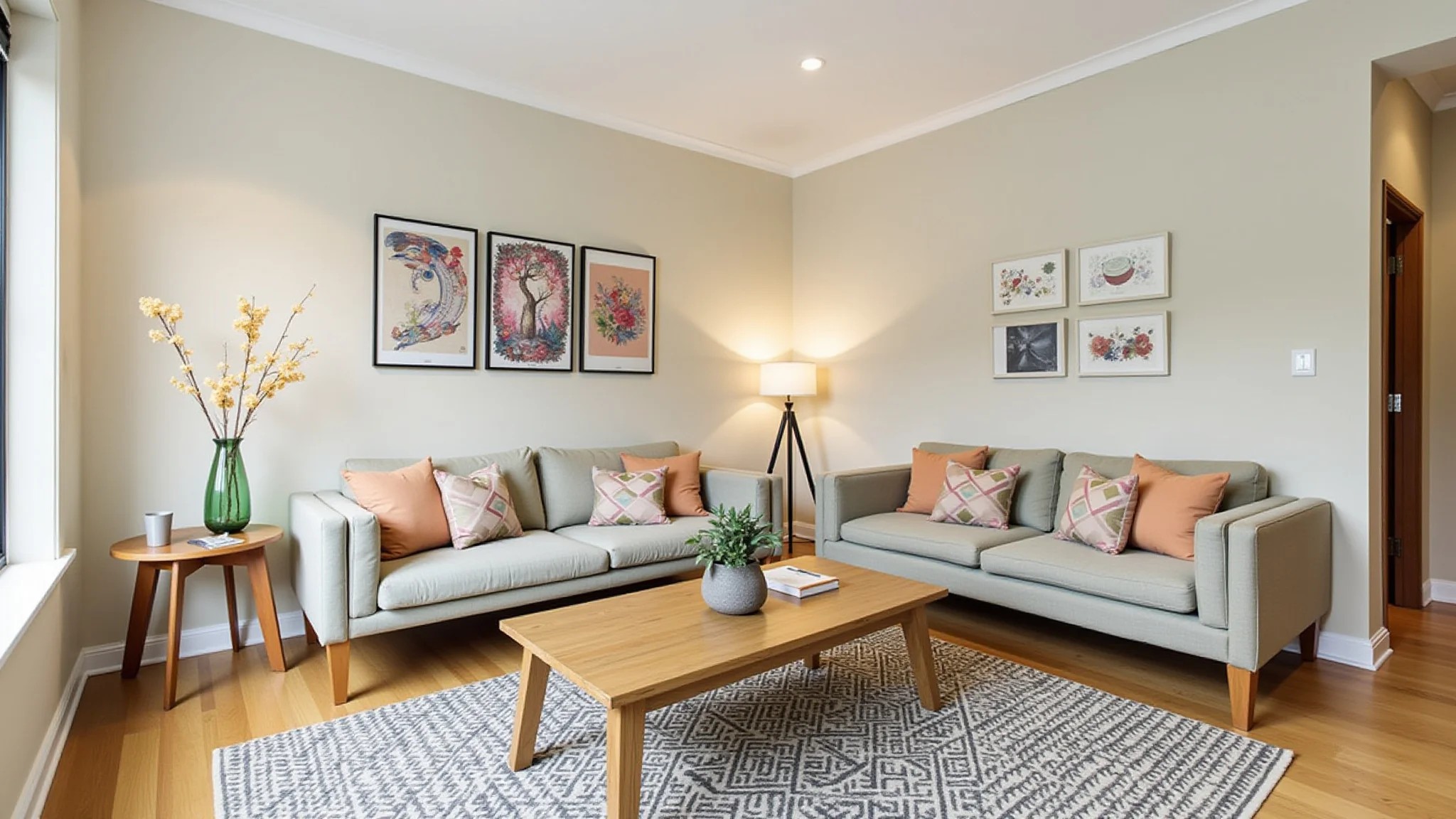 Sala aconchegante em apartamento alugado, paredes neutras, arte colorida e decoração DIY.