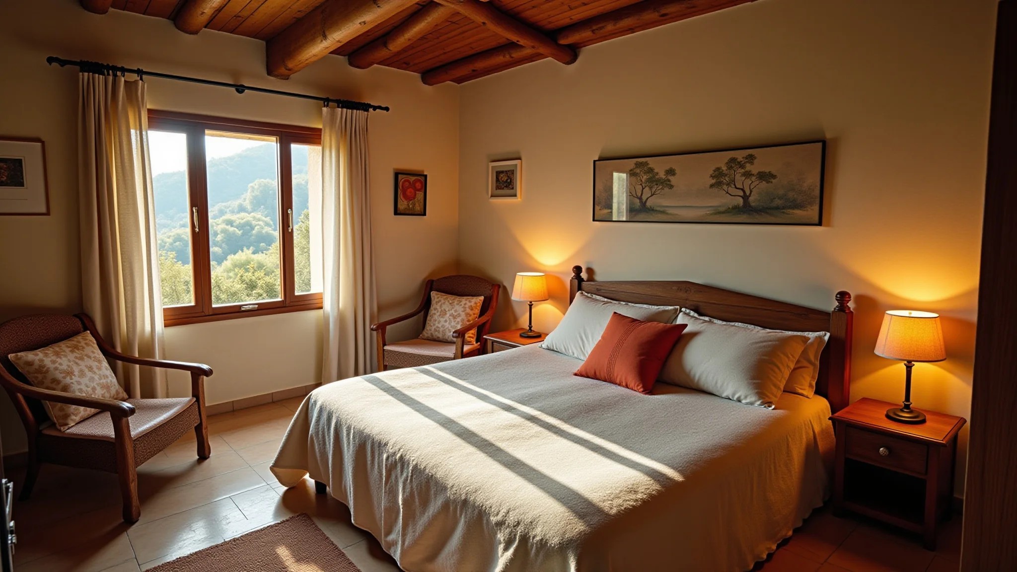Quarto de casal rústico aconchegante com móveis de madeira e iluminação natural.