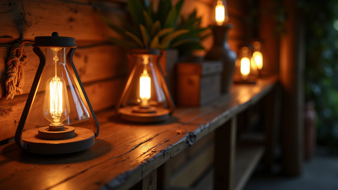 Iluminação rústica aconchegante com luminárias e luz quente.