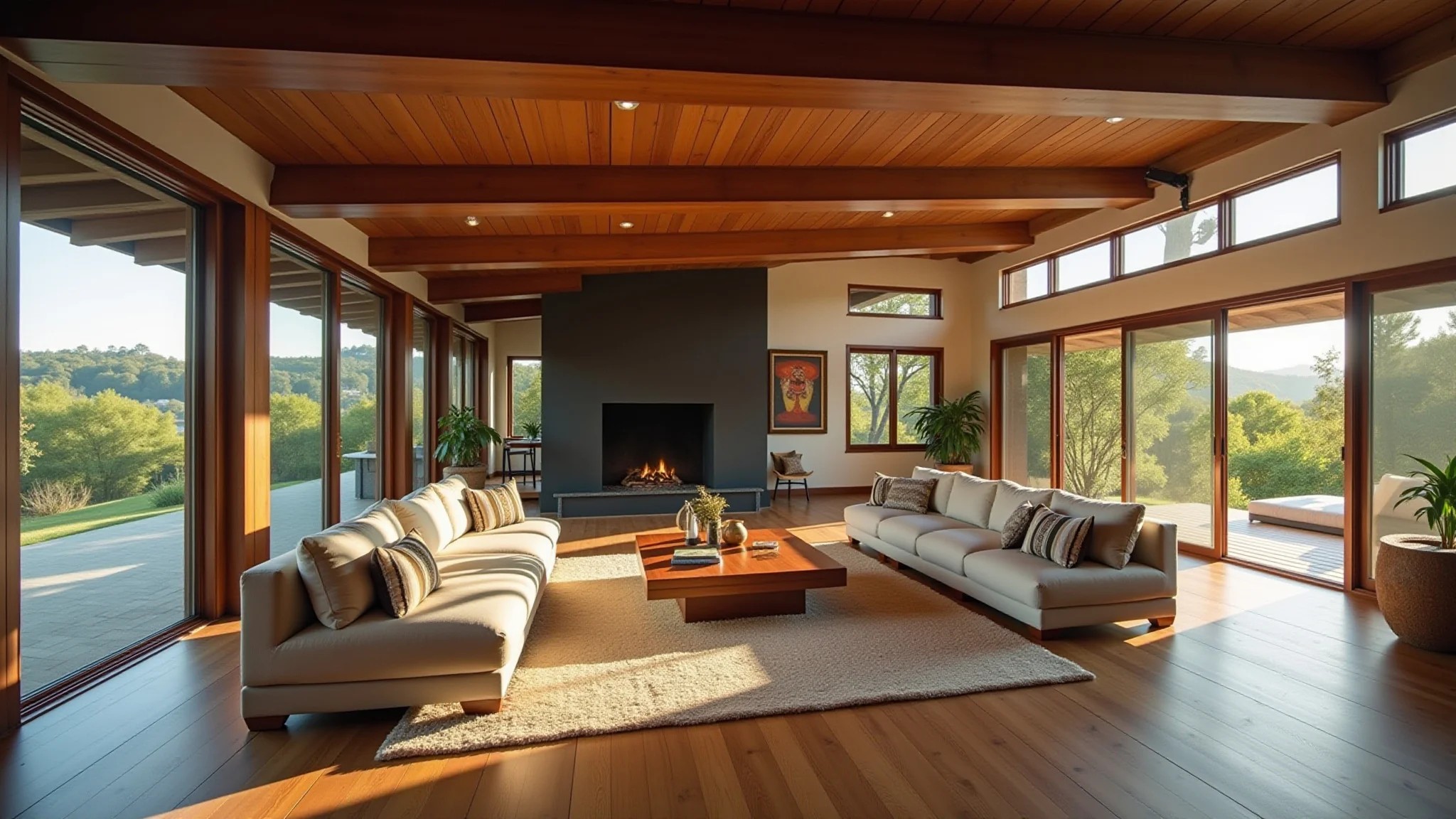 Sala de estar rústica e aconchegante em casa moderna com detalhes em madeira e luz natural.