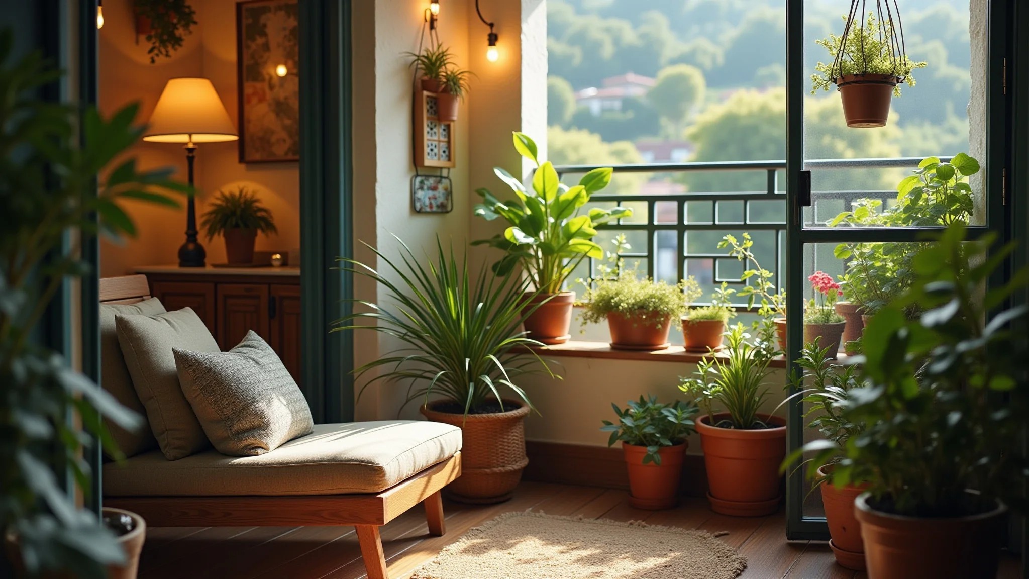 Varanda aconchegante de apartamento pequeno com plantas e iluminação.
