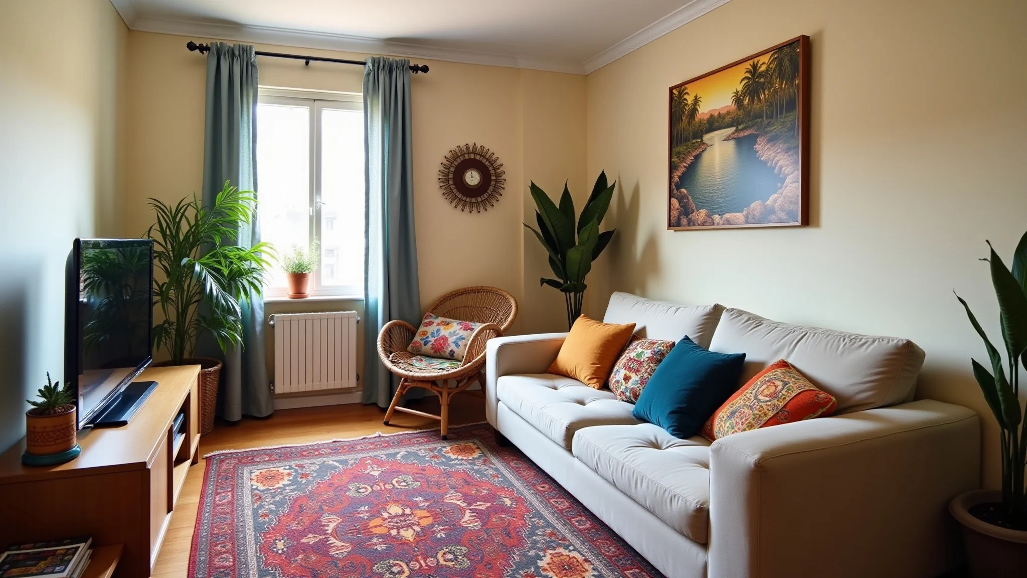 Sala de estar pequena e aconchegante com decoração boho, tapete colorido e sofá confortável.