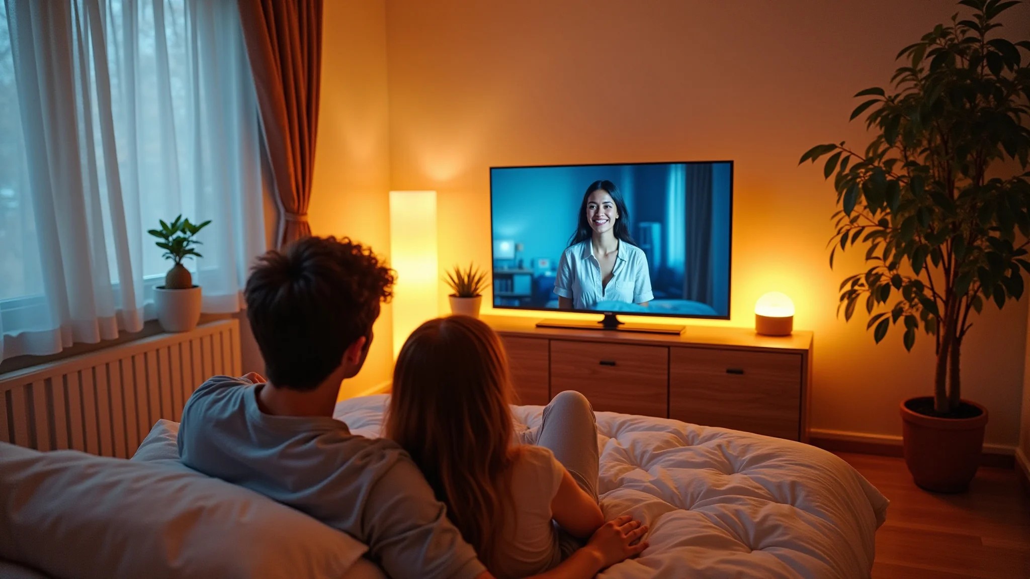 Casal assistindo TV em quarto pequeno e aconchegante com tela QLED.