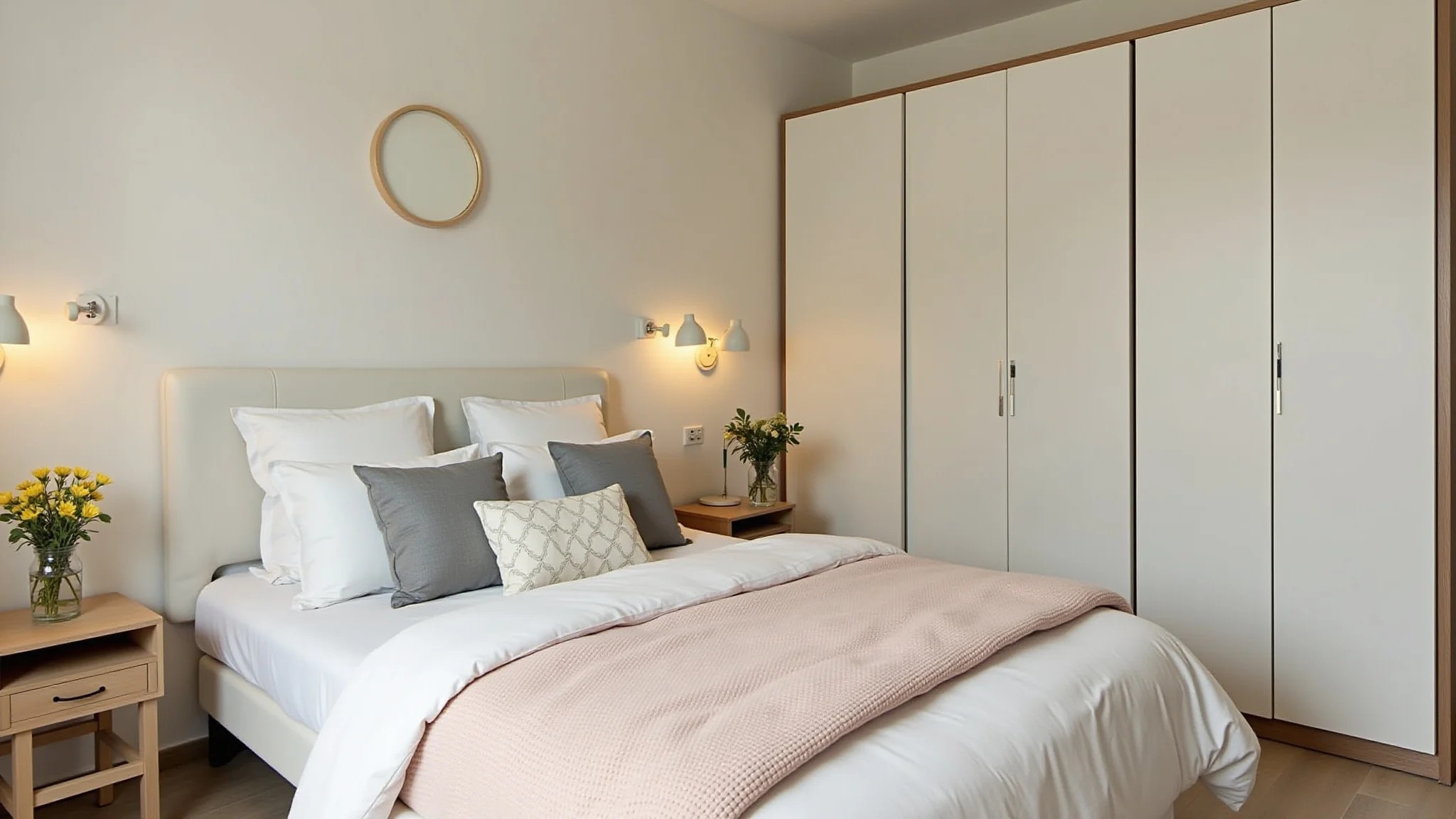 Quarto de casal pequeno com cores claras, móveis funcionais e iluminação suave.