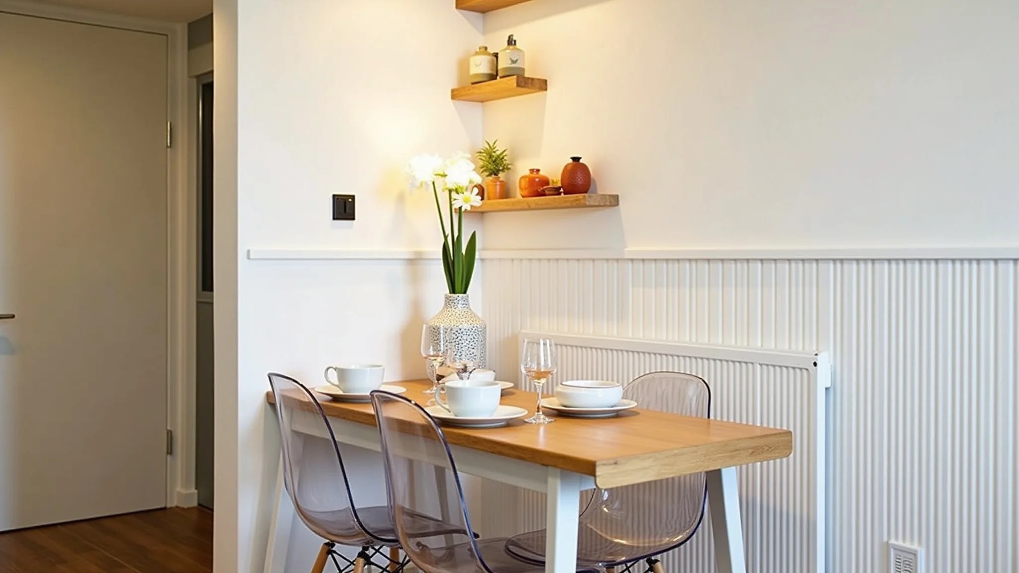 Pequena sala de jantar aconchegante com cadeiras de acrílico e decoração minimalista.