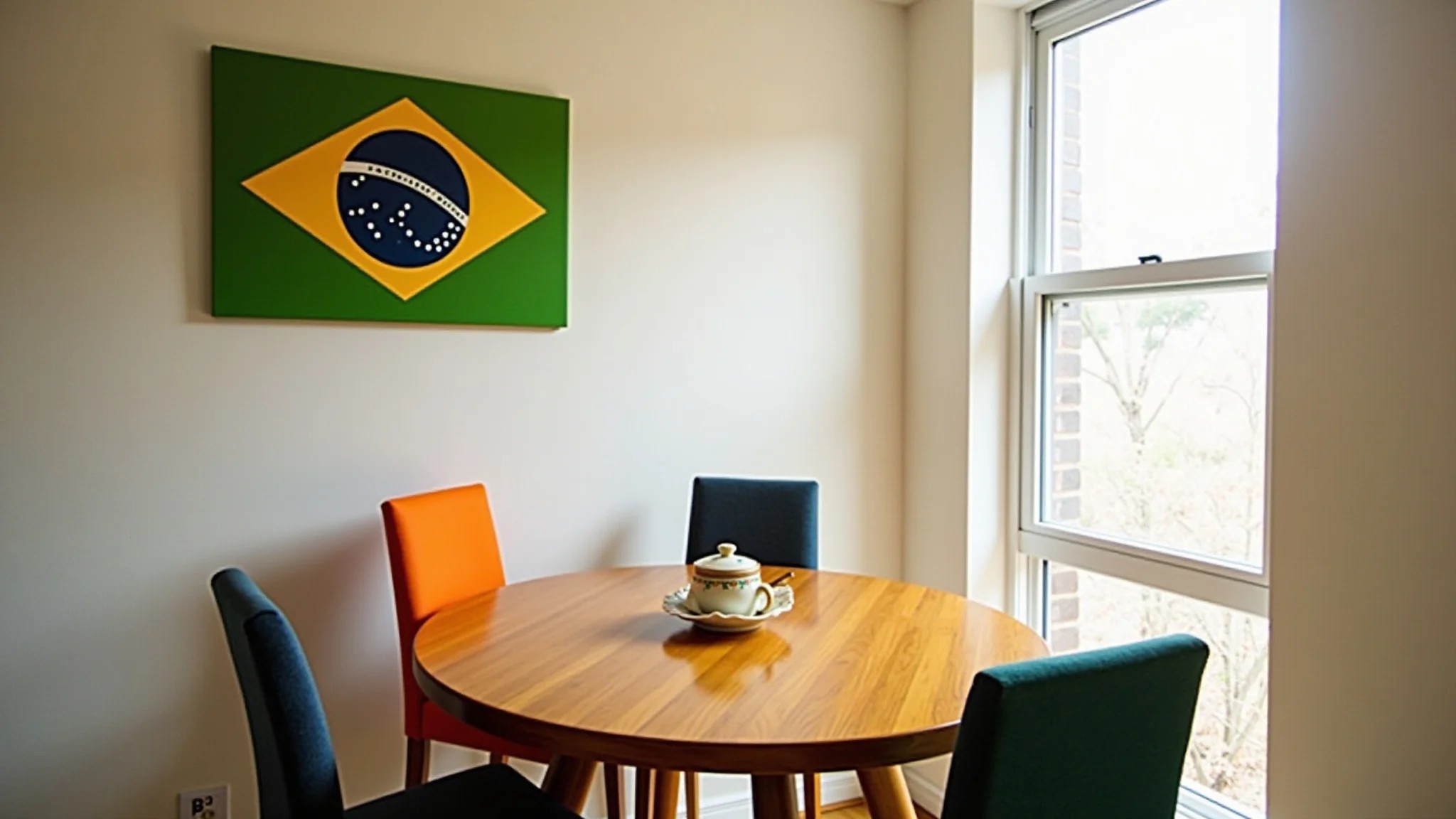 Sala de jantar pequena com mesa redonda, cadeiras coloridas e arte brasileira.