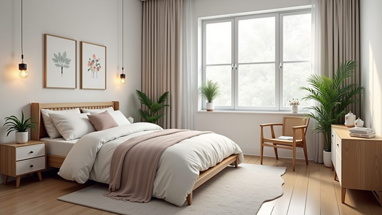 Quarto feminino pequeno decorado com móveis multifuncionais e cores claras.