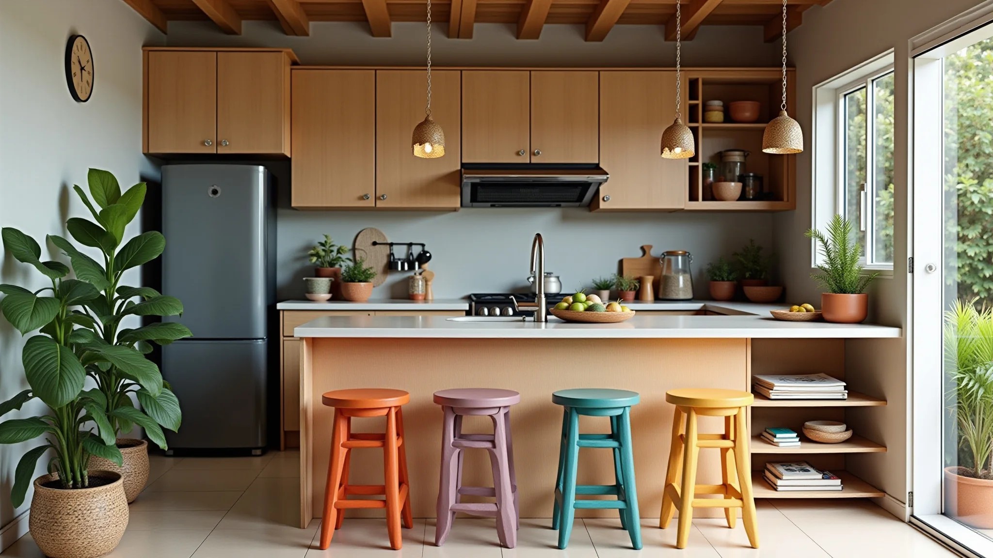 Cozinha gourmet pequena com balcão, banquetas coloridas e iluminação aconchegante.