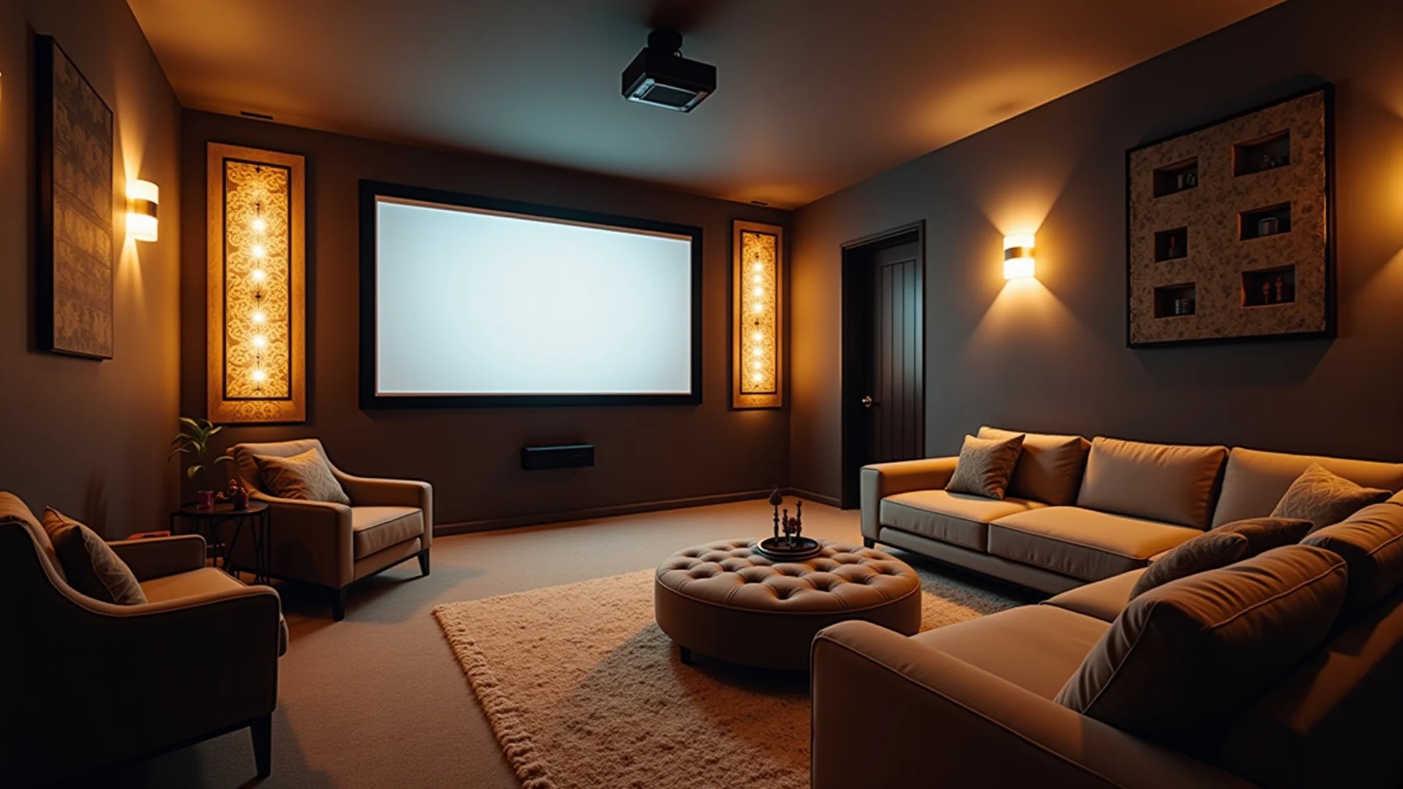 Home theater pequeno com projetor, paredes escuras e painéis acústicos.