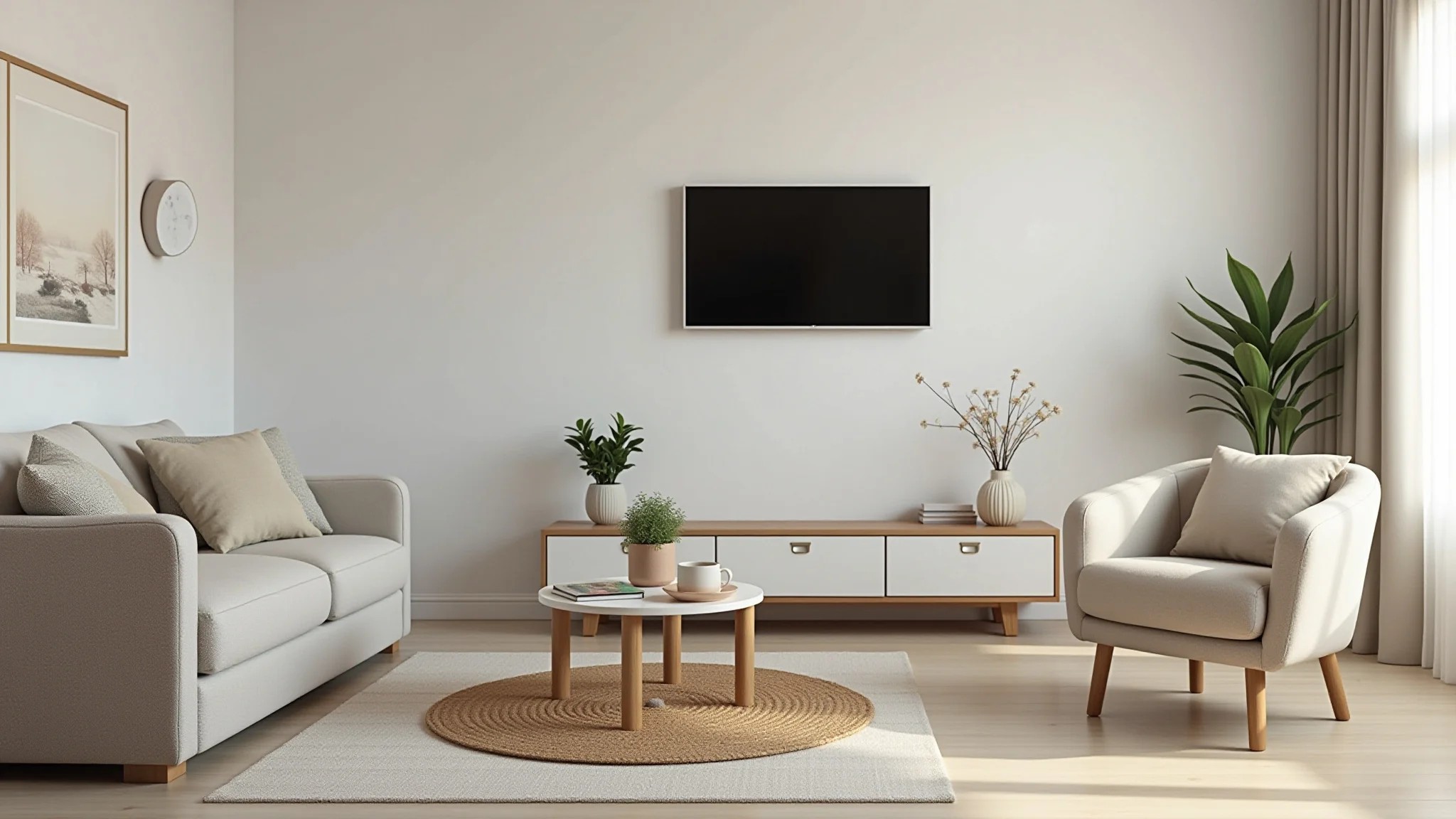 Sala pequena aconchegante, decoração minimalista, cores claras e móveis funcionais.