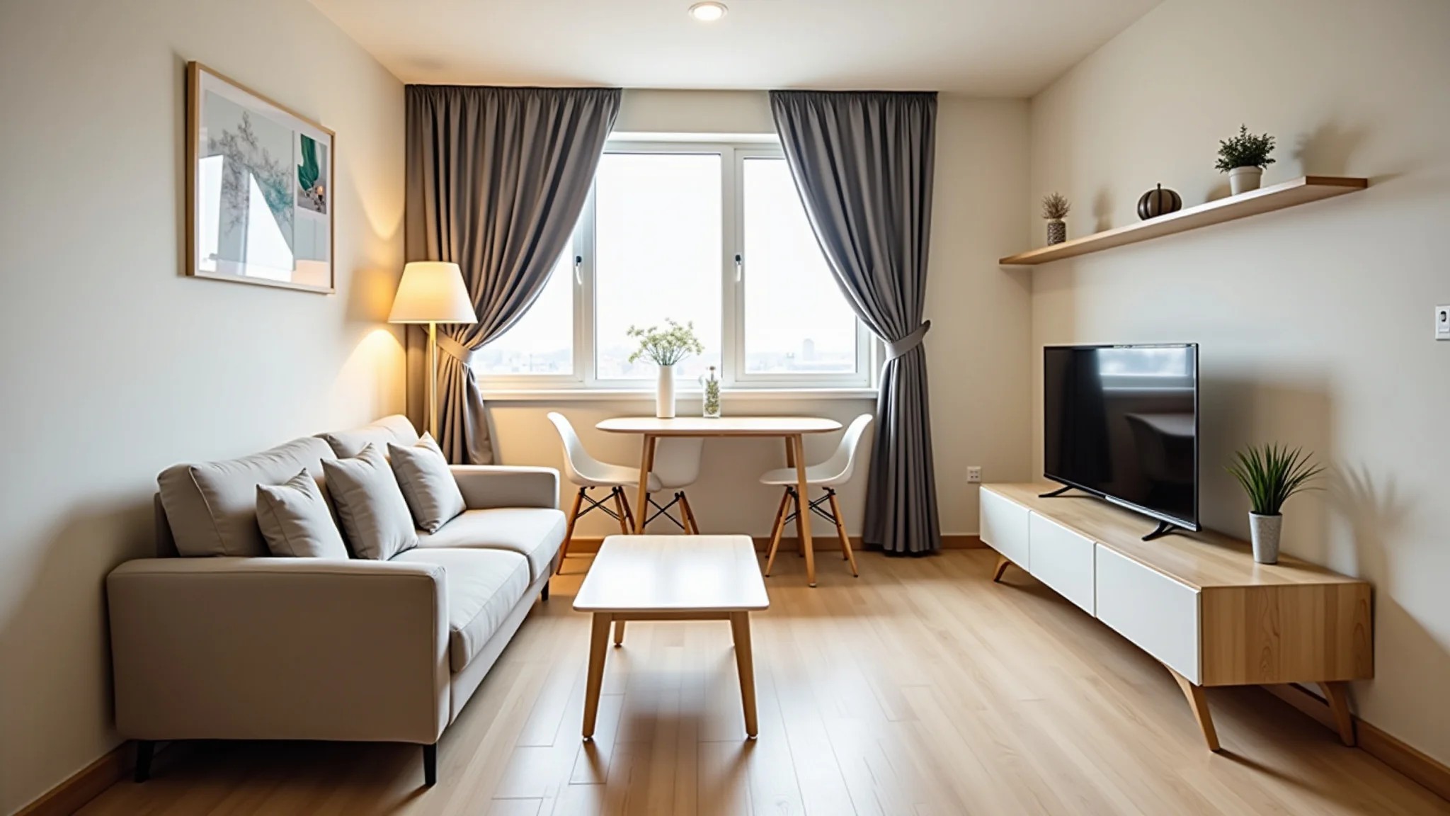 Sala de estar pequena em estilo minimalista com cores claras e móveis funcionais.