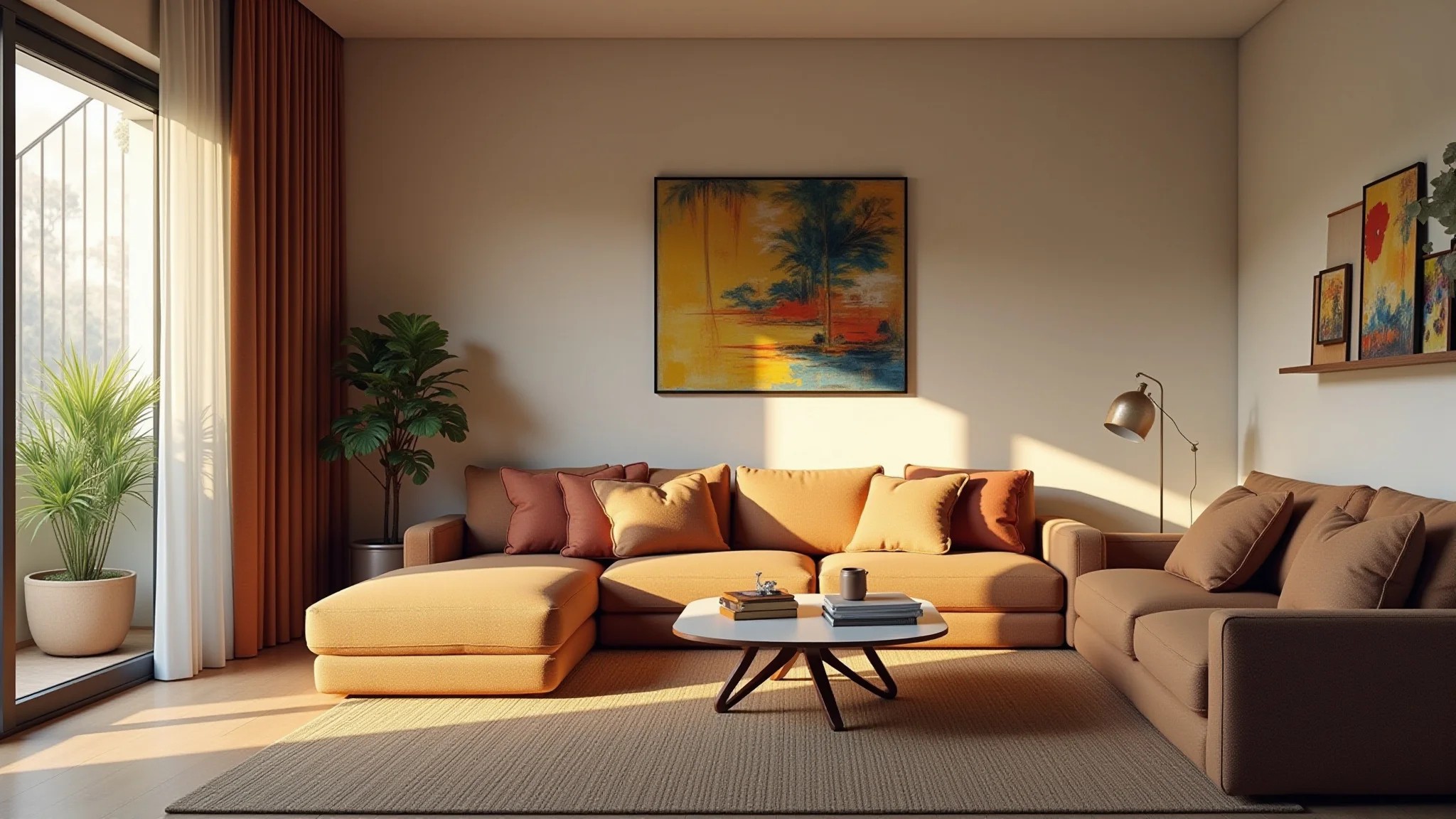 Sala pequena aconchegante com paredes neutras, arte vibrante e sofá modular.