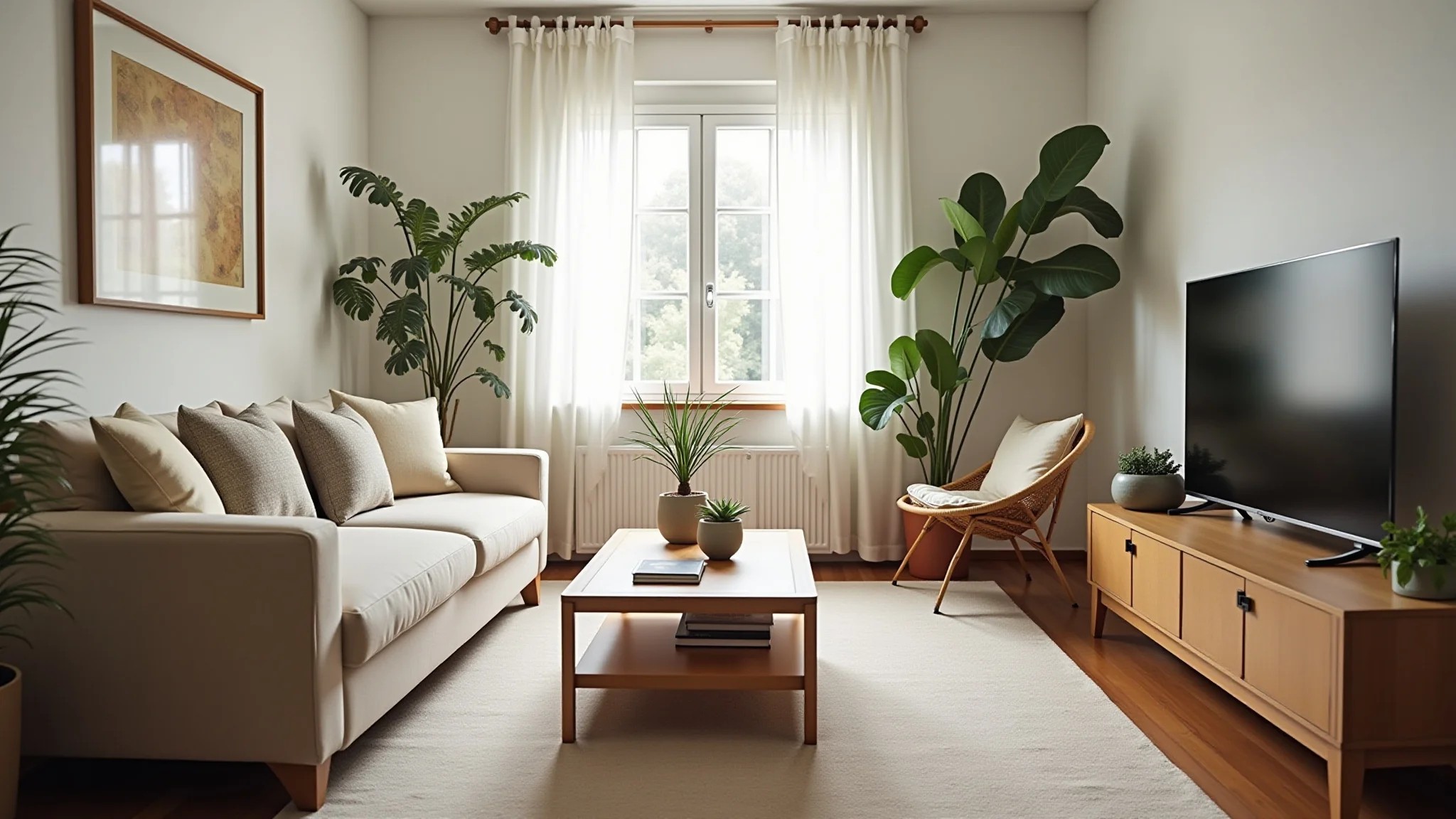 Sala pequena aconchegante com sofá de dois lugares, cores claras e plantas.