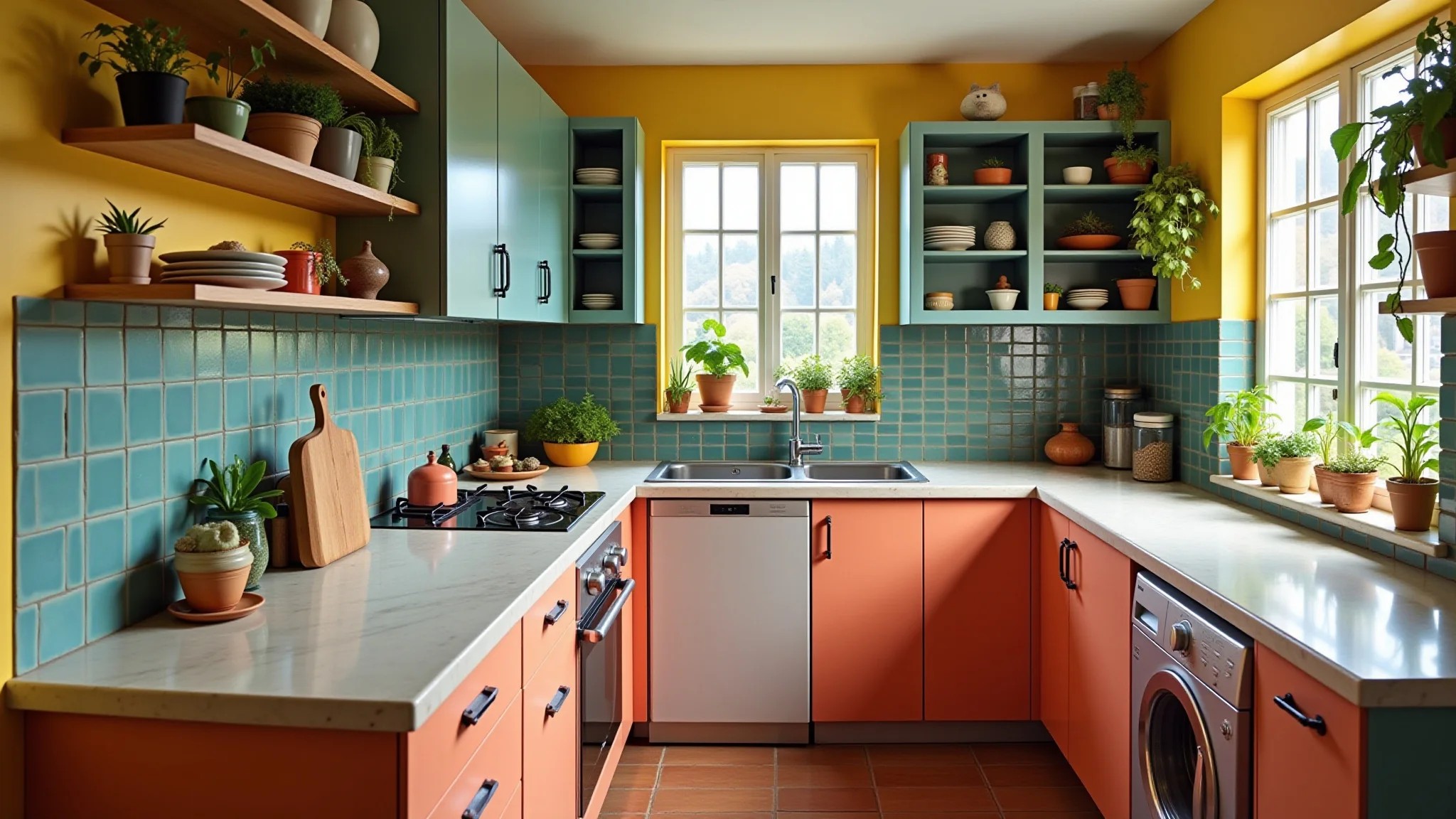 Cozinha pequena em L, cores vibrantes, azulejos brasileiros, prateleiras abertas com plantas.
