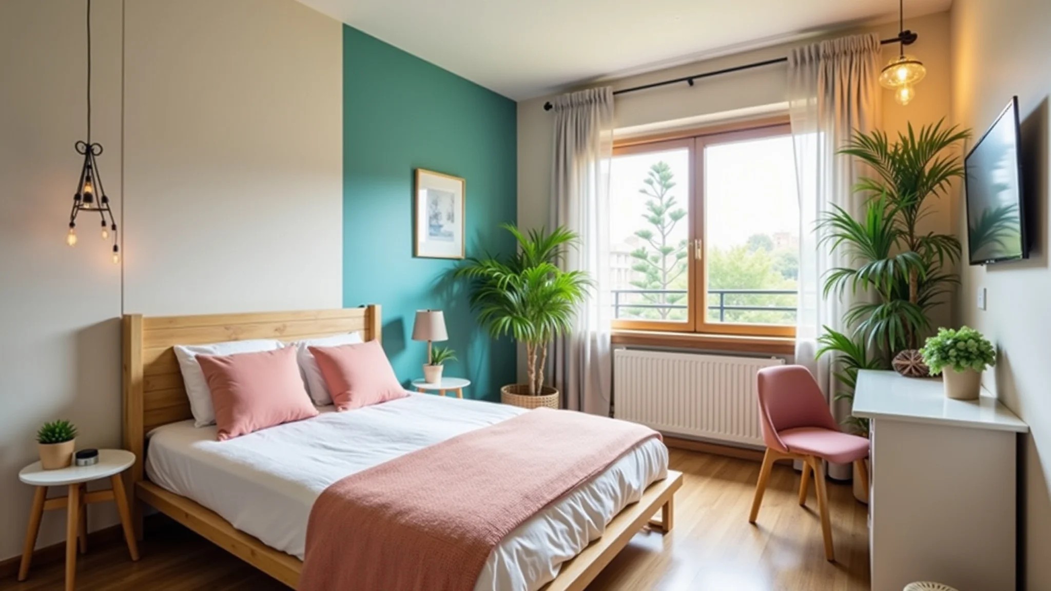 Quarto de solteiro pequeno com cores pastel, móveis funcionais e plantas.